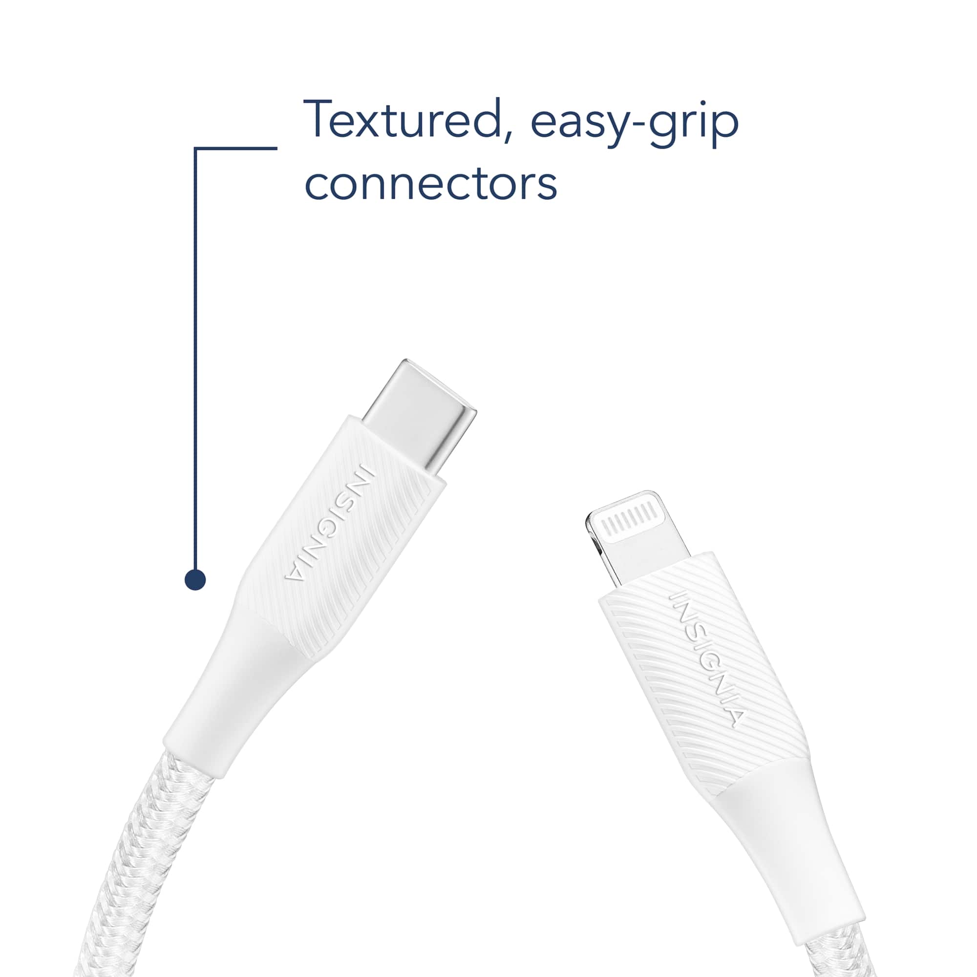 The image features a white USB cable with a textured, easy-grip connector. The cable is designed to provide a secure connection and prevent accidental disconnections. The connector is made of a textured material that makes it easy to hold and use. The cable is compatible with various devices, such as smartphones, tablets, and laptops, and it can be used for charging, data transfer, or connecting to accessories.