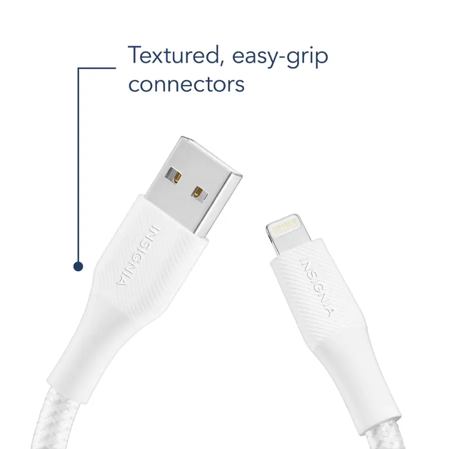 The image features a white USB cable with a textured, easy-grip connector. The cable is designed by Insignia and is compatible with various devices. The cable is shown in a close-up view, highlighting its features and design.