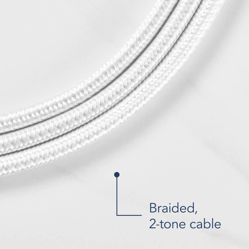 The image features a close-up view of a braided, 2-tone cable. The cable is white and has a silver-colored braid, giving it a unique and stylish appearance. The braid adds texture and interest to the cable, making it stand out as a distinctive design element.
