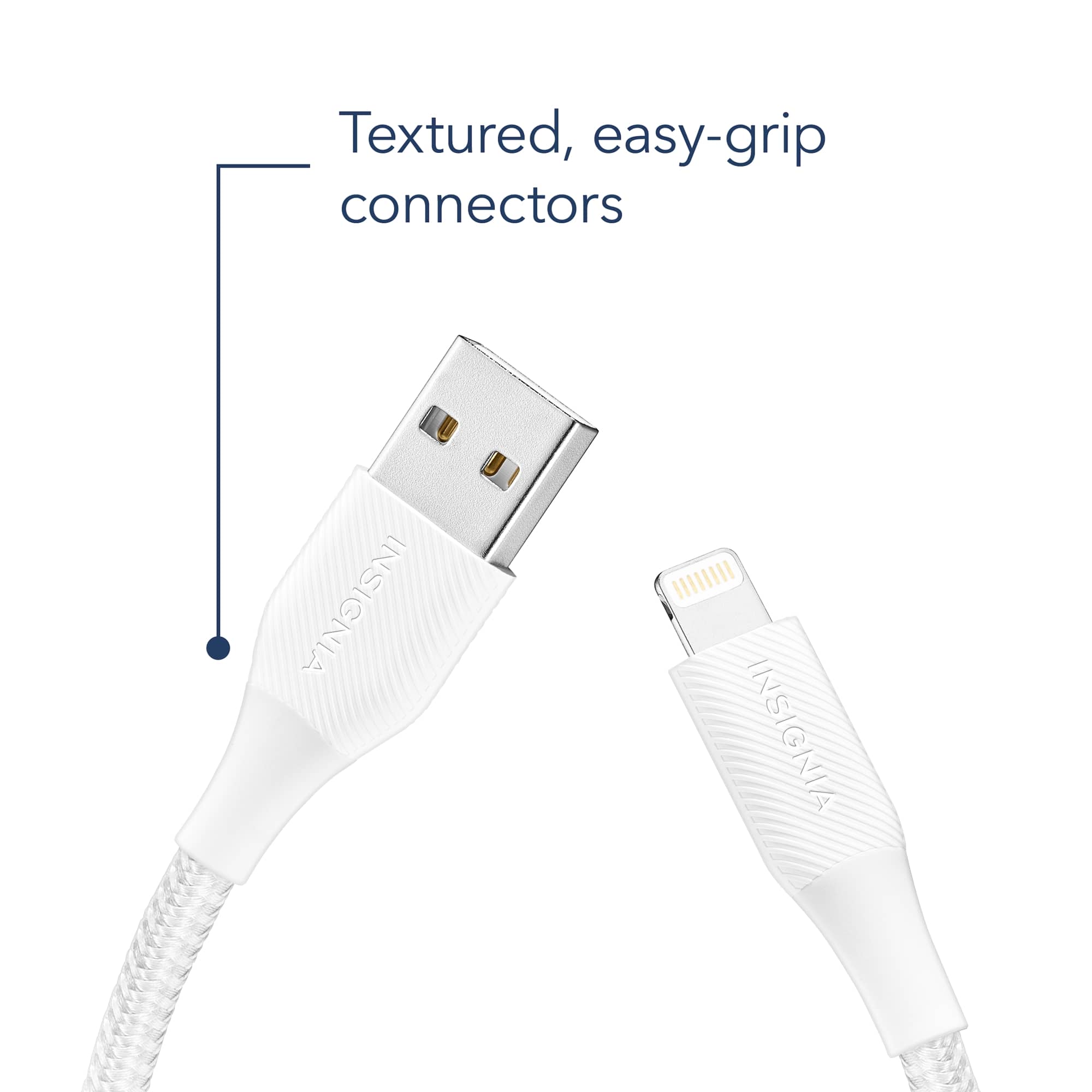 The image shows a white USB cable with a textured, easy-grip connector. The cable is designed to provide a secure connection and prevent accidental disconnections. The cable is made by Insignia, a company known for its quality electronic products.