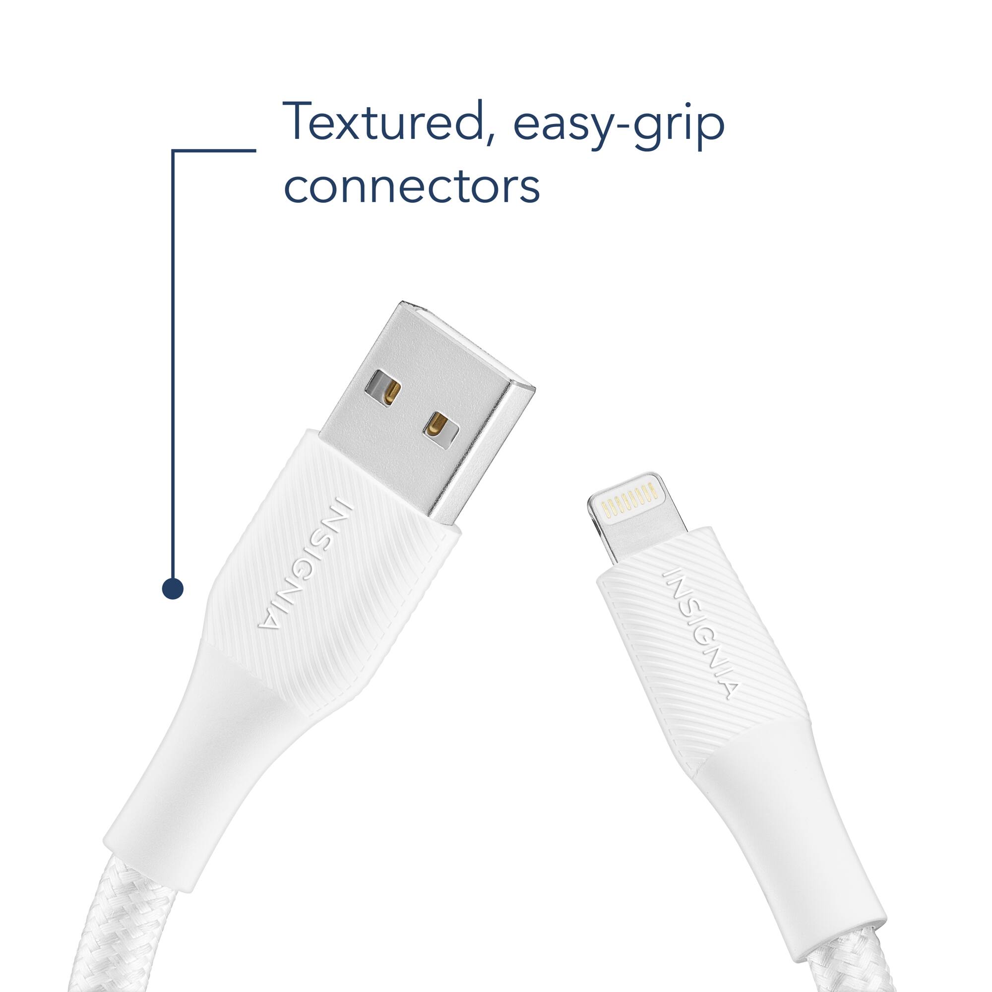 The image features a white, textured, easy-grip connector with the word "Insignia" written on it. The connector is designed to provide a secure and comfortable grip, making it easy to hold and use. The white color of the connector adds to its aesthetic appeal and makes it stand out.