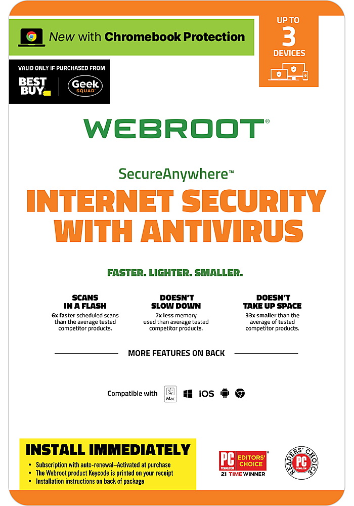 Webroot - Internet Security with Antivirus Protection (3 Devices) (6-Month Subscription) - Android, Apple iOS, Chrome, Mac OS, Windows [Digital]