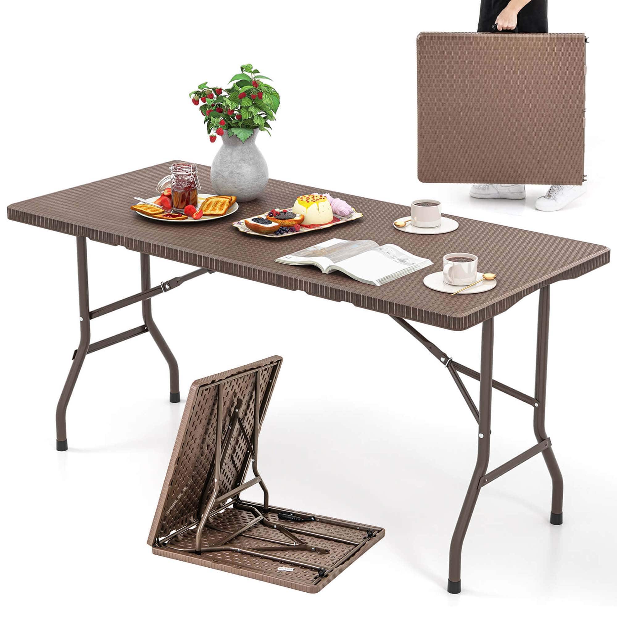 Costway - 5 ft Folding Picnic Table Outdoor Dining Table with Rattan Grain HDPE Tabletop - Brown