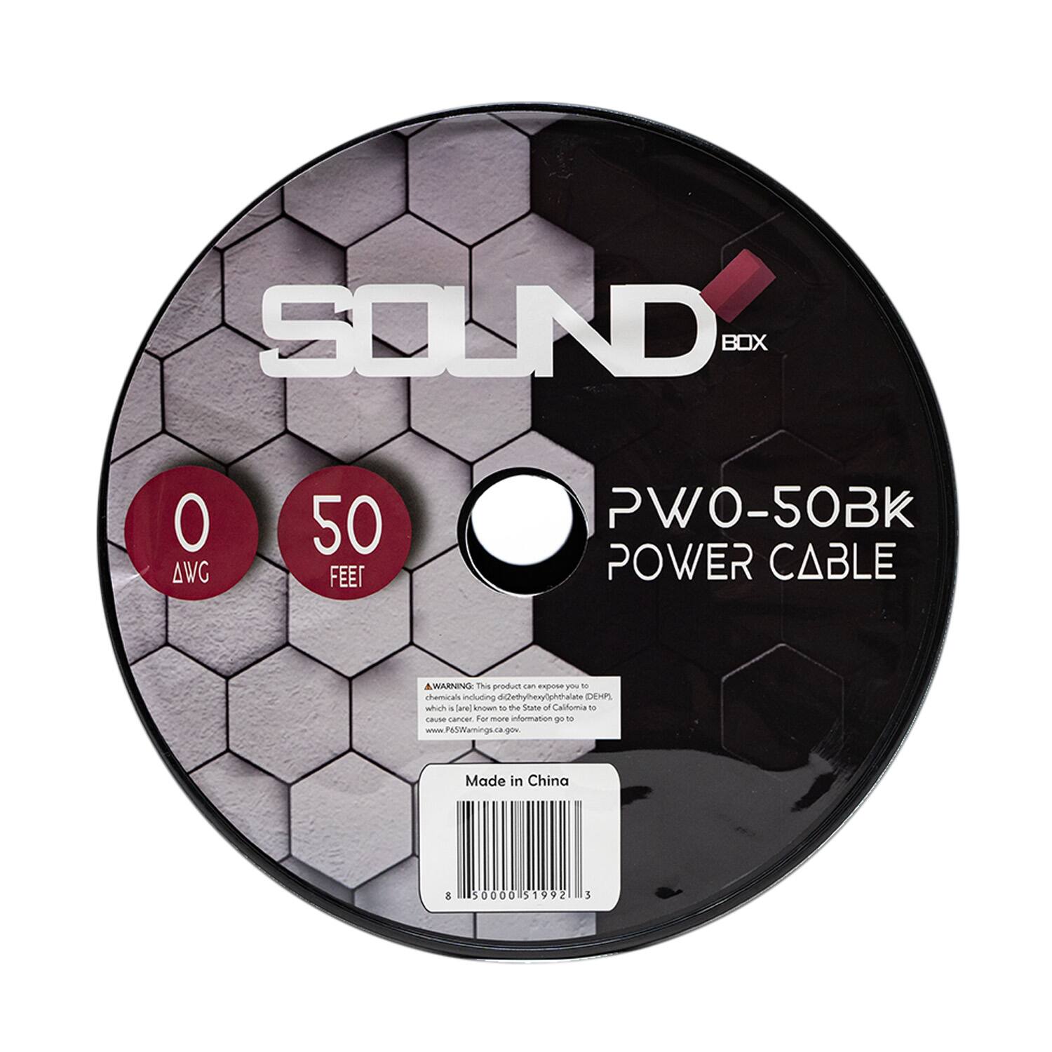 SOUND BOX  
0 AWG  
50 FEET  
PWO-50BK  
POWER CABLE  

WARNING: This product can expose you to chemicals including di(2-ethylhexyl)phthalate (DEHP), which is known to the State of California to cause cancer. For more information go to www.P65Warnings.ca.gov  

Made in China  
8 50000 51992 1