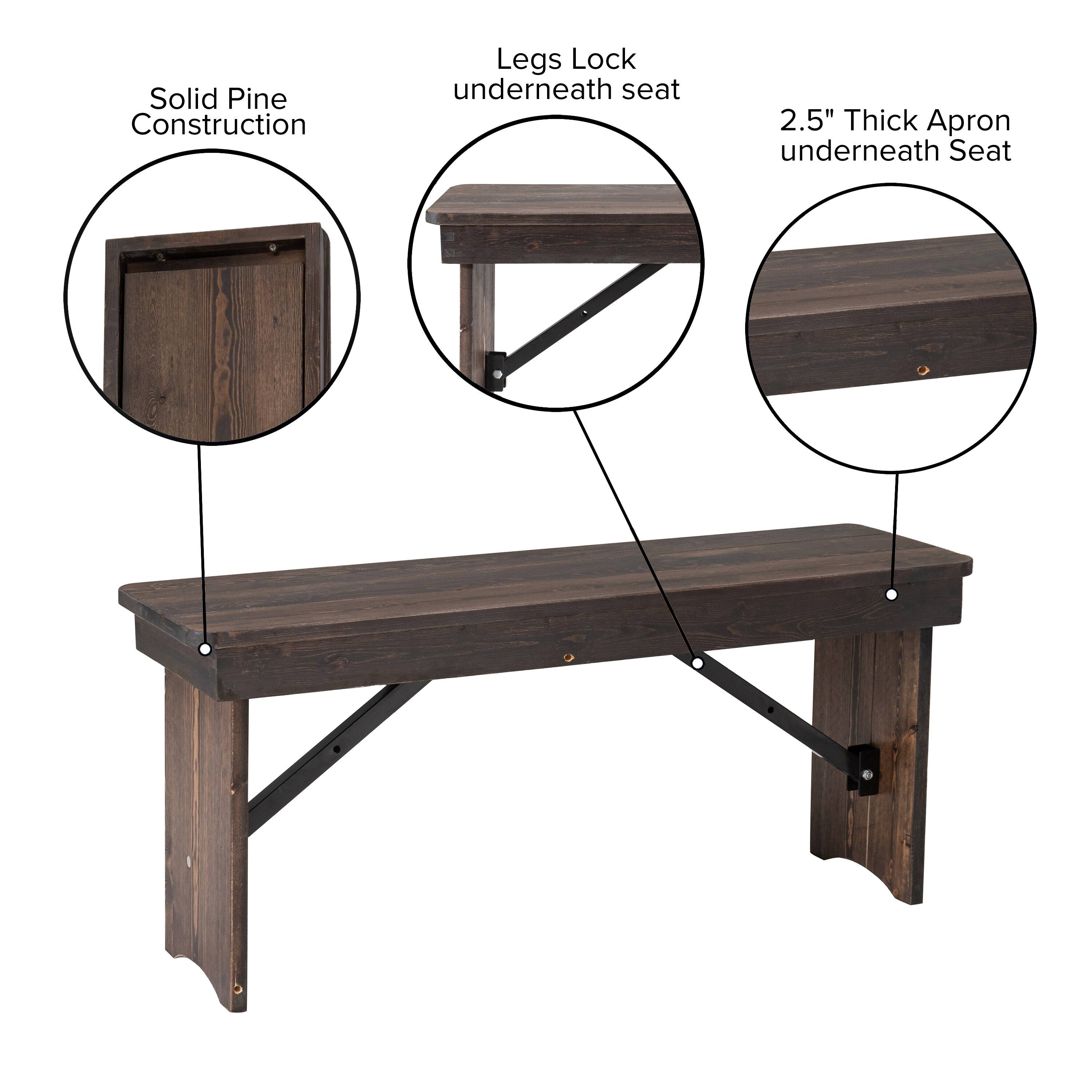 Solid Pine Construction  
Legs Lock underneath seat  
2.5" Thick Apron underneath Seat