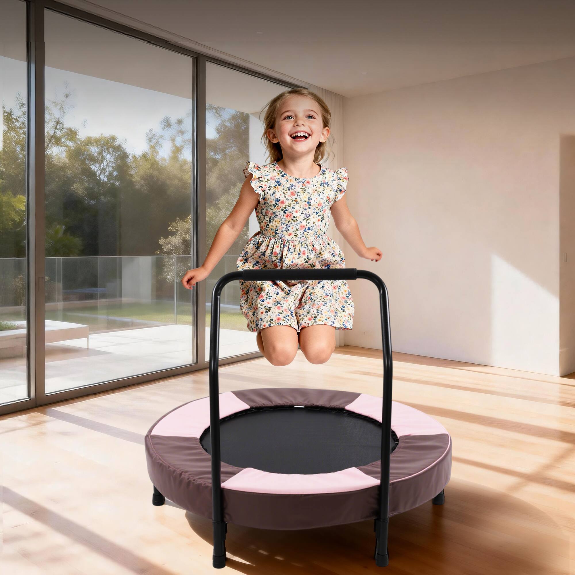 Alt View 1. Ecooso - 36" Foldable Kids Trampoline w/ Handlebar, Quiet Bungee Rebounder, Indoor Use, Ages 1+ - Pink.