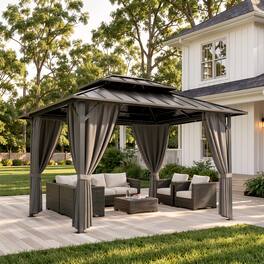 Ovios - 10’x12' Patio Gazebo with Double Roof Outdoor Aluminum-steel Gazebo with Curtains & Netting - Gray