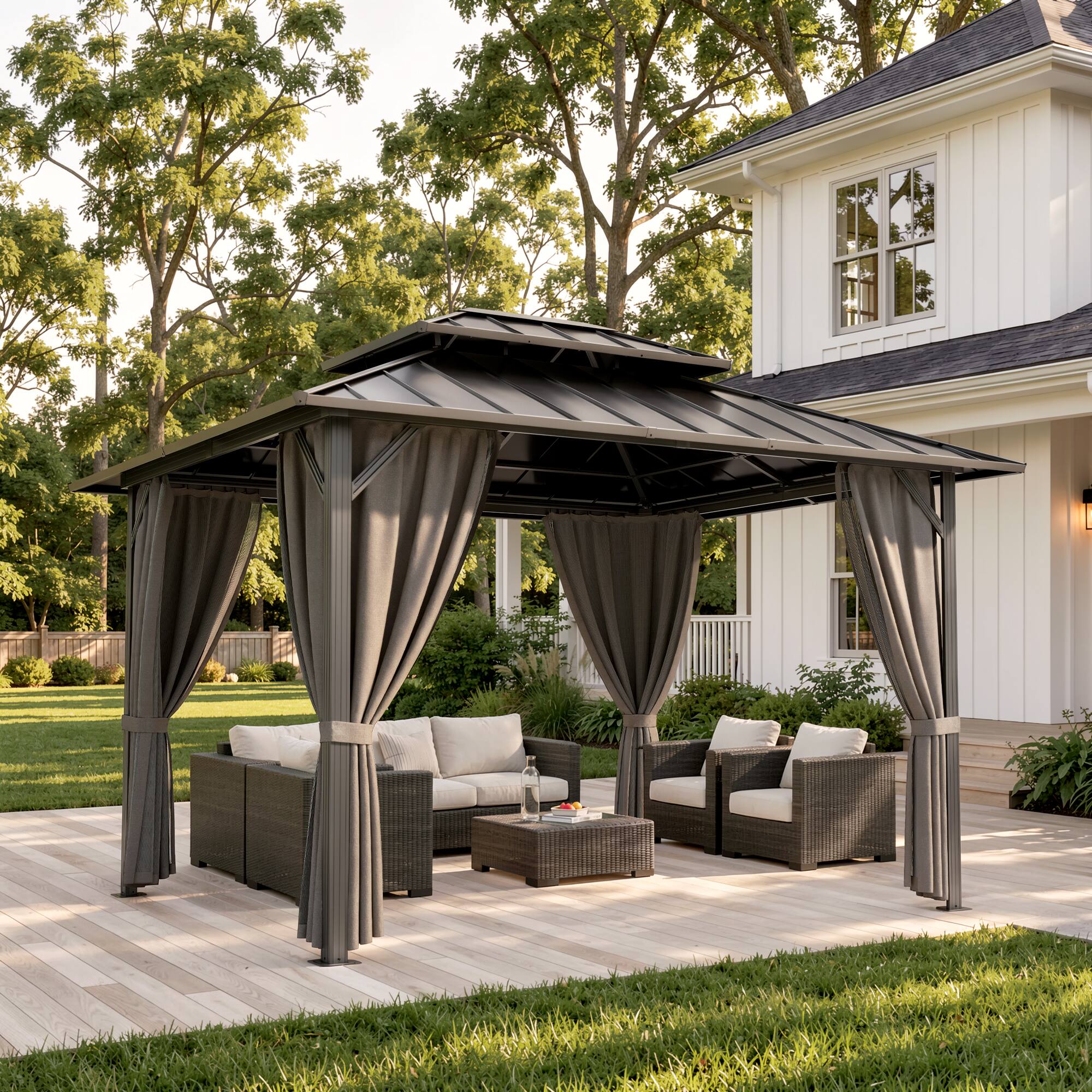 Front. Ovios - 10’x12' Patio Gazebo with Double Roof Outdoor Aluminum-steel Gazebo with Curtains & Netting - Gray.