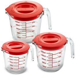 NutriChef - 1,2 and 4 Cups Glass Measuring Cup Set with Lids (8, 17 and 34 oz) - Heat-Resistant