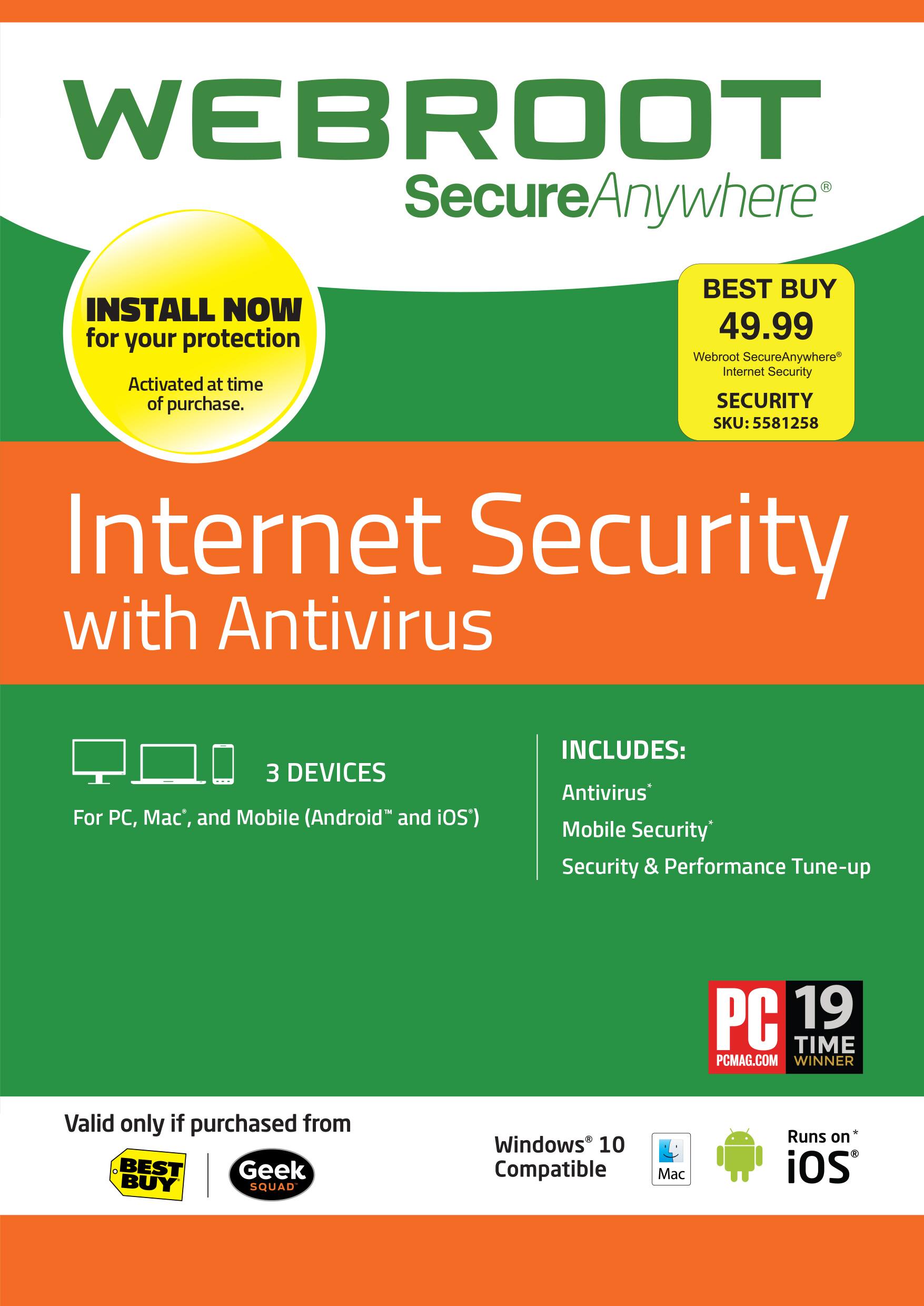 Front. Webroot - Webroot Internet Security + Antivirus 2018 (3-Device) (3-Year Subscription).