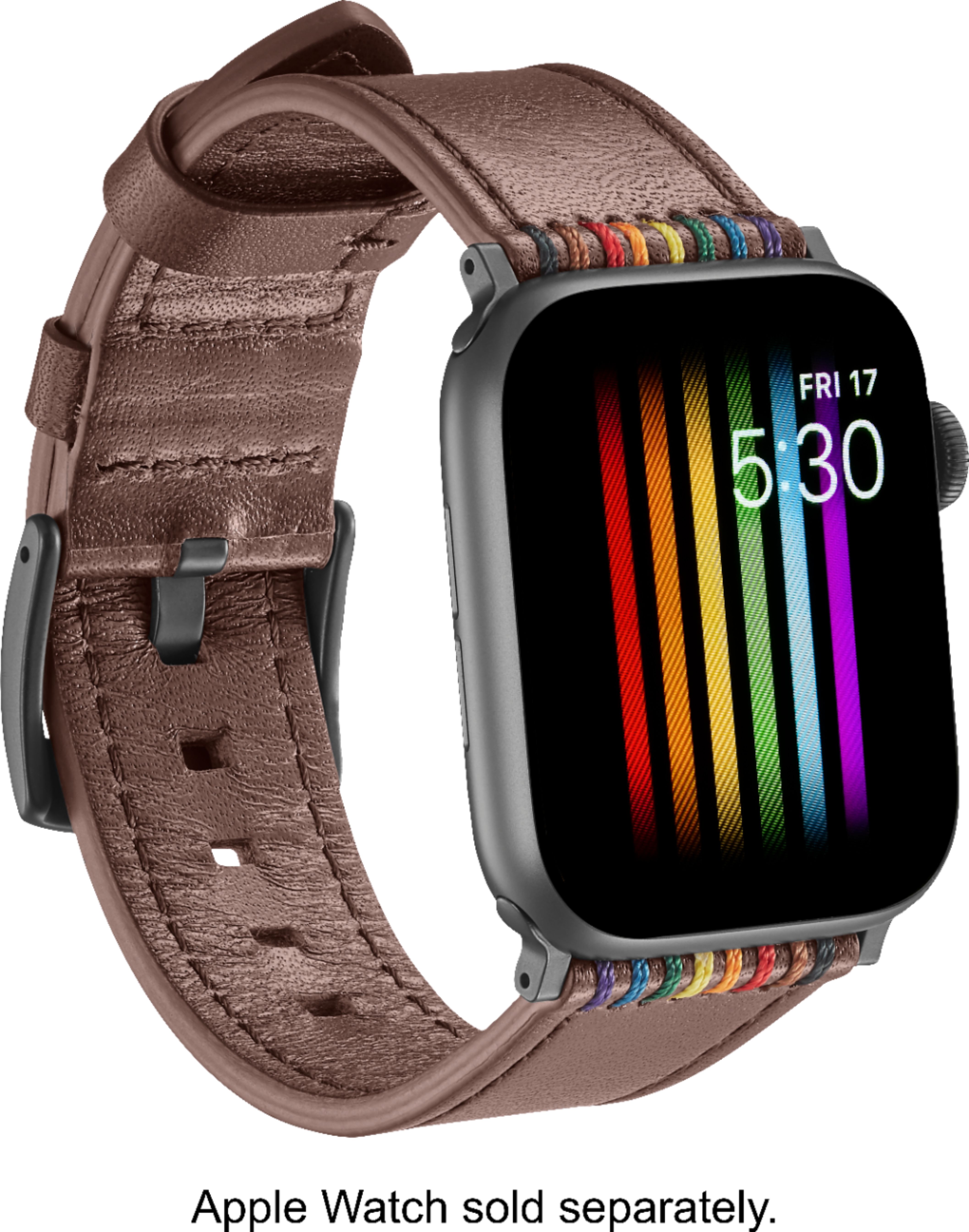 Left View: Platinum™ - Pride Edition Horween Leather Band for Apple Watch 44mm and Apple Watch Series 7 45mm - Bourbon