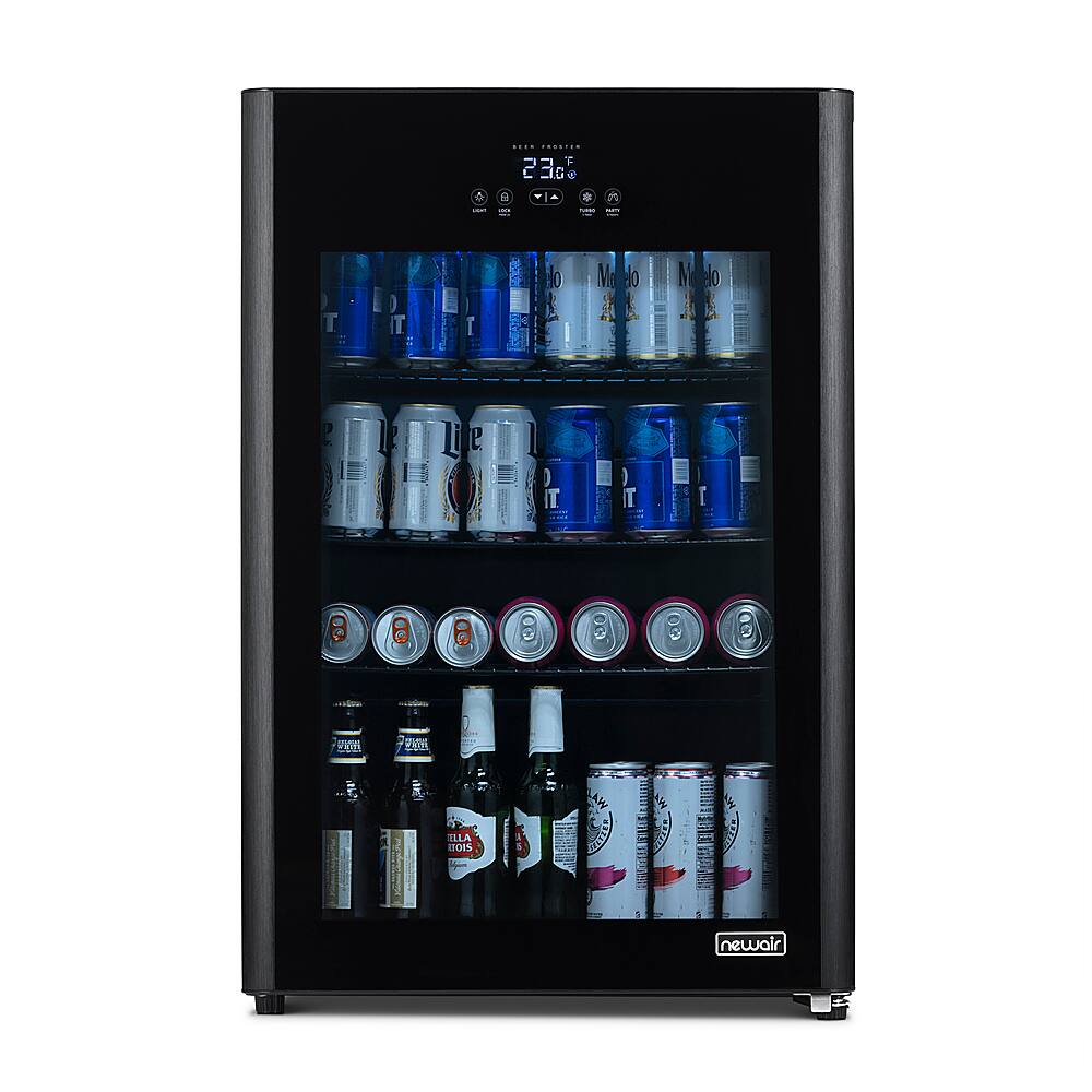 Angle. NewAir - 125-Can Beverage Cooler with Glass Door, Party and Turbo Modes, Cools to 23F, Digital Controls, Adjustable Shelves - Black.