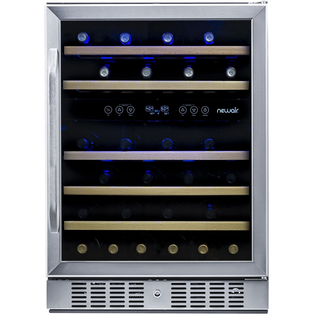 Left View: NewAir - 46-Bottle Dual Zone Built-in Wine Fridge with Quiet Operation with Beech Wood Shelves and Recessed Kickplate - Stainless Steel
