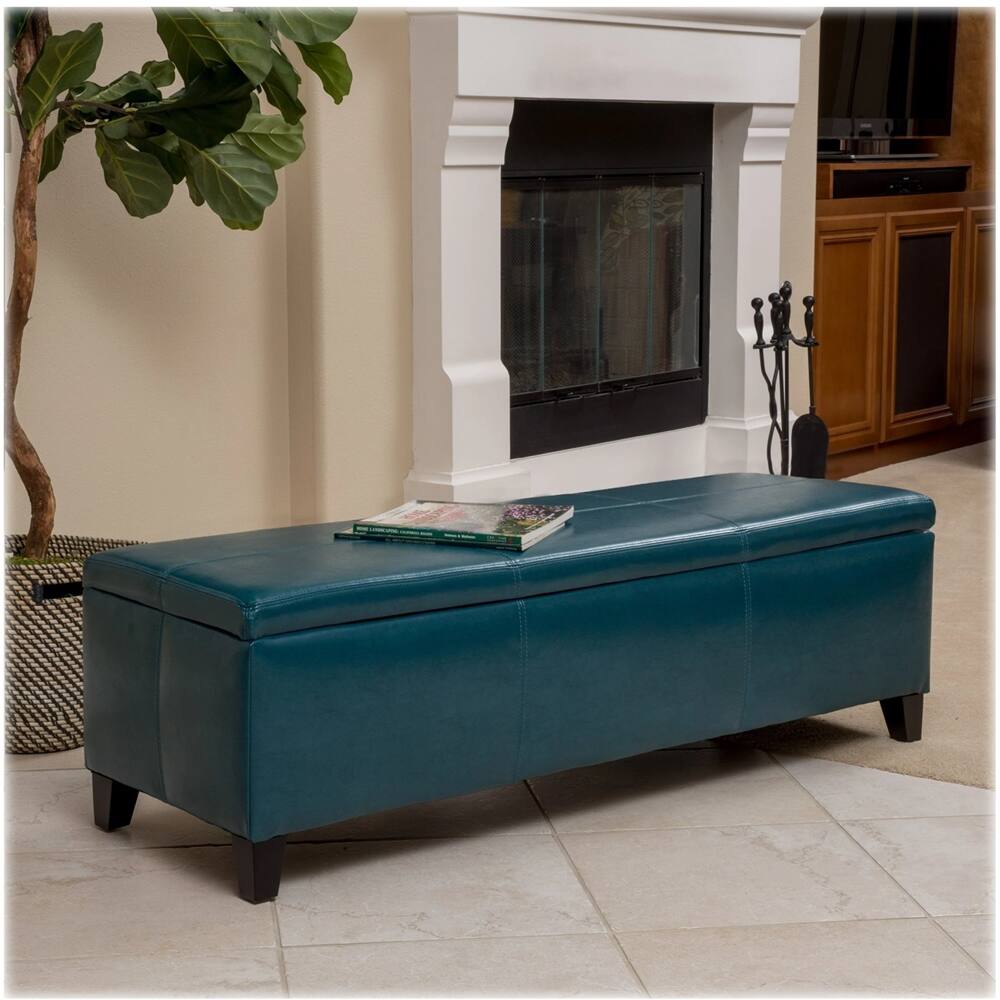 Left View: Noble House - Abell Faux Leather Storage Ottoman - Teal