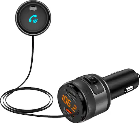 Angle. iSimple - Bluetooth 5.0 FM Transmitter with External Microphone for Music Streaming, Charging, and Hands-Free Calling - Black.