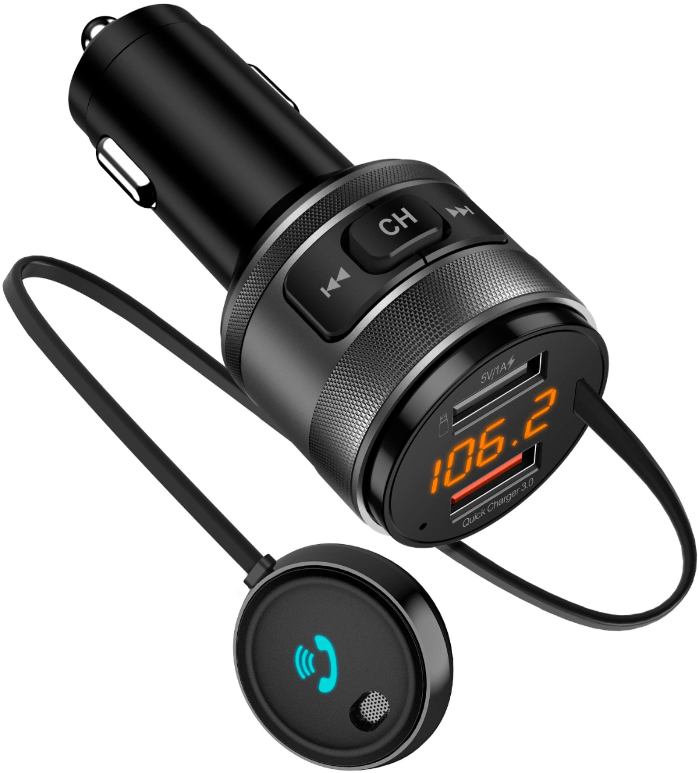 Left. iSimple - Bluetooth 5.0 FM Transmitter with External Microphone for Music Streaming, Charging, and Hands-Free Calling - Black.