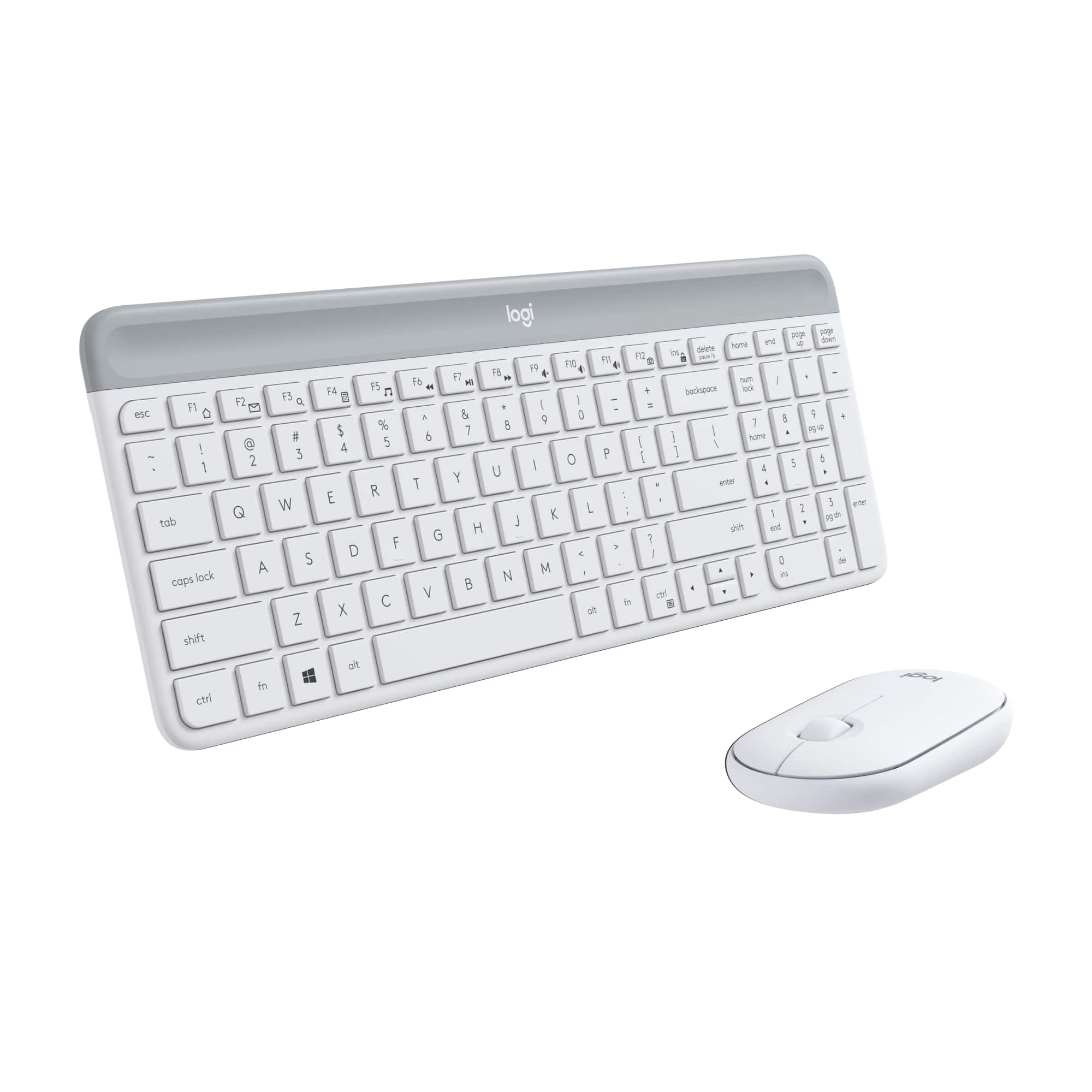 The image features a white Logitech keyboard and a white mouse. The keyboard has a numeric keypad and a touchpad. The keys on the keyboard include the numbers 1 to 9, the letters A to Z, and various function keys. The mouse is positioned to the right of the keyboard, ready to be used.