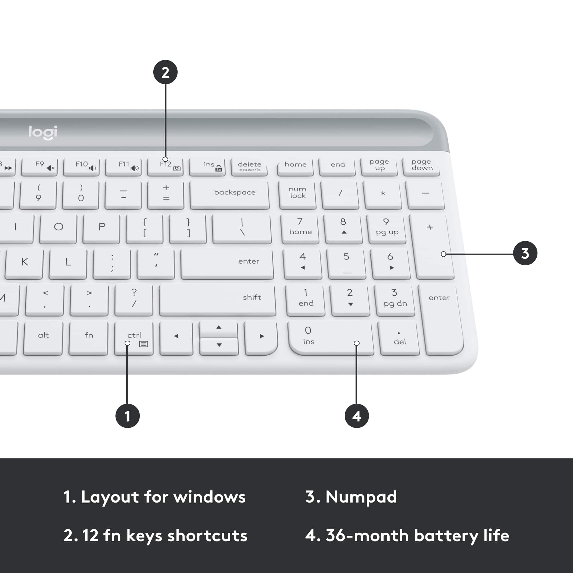 1. Layout for windows
2. Numpad
3. 12 fn keys shortcuts
4. 36-month battery life