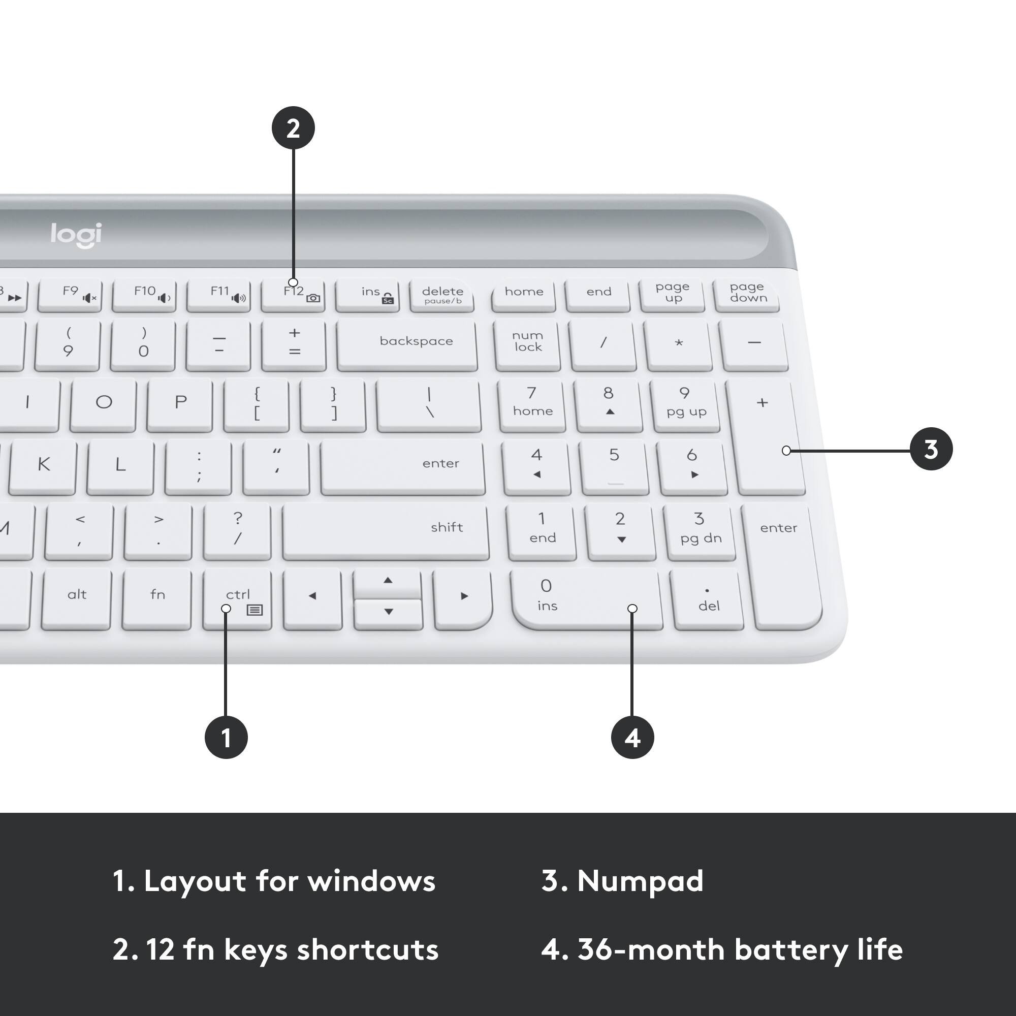 1. Layout for windows
2. Numpad
3. 12 fn keys shortcuts
4. 36-month battery life