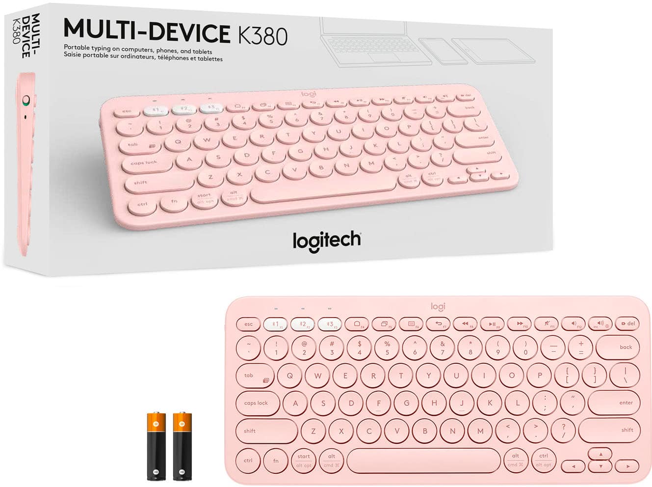 The text on the image reads: "Multi-Device K380 Portable typing on computers, phones, and tablets." This is a description of the Logitech K380 keyboard, which is a portable keyboard designed for use with computers, phones, and tablets. The keyboard is pink and has a compact design, making it convenient for use in various situations.