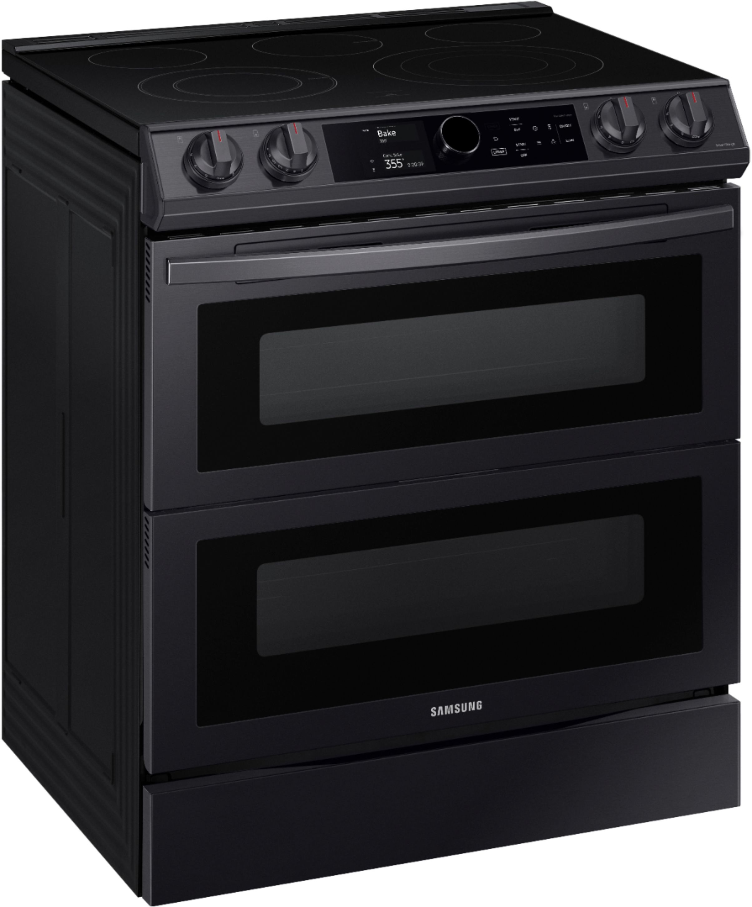 Angle View: Samsung - 6.3 cu. ft. Flex Duo Front Control Slide-in Electric Range with Smart Dial, Air Fry & Wi-Fi - Black stainless steel