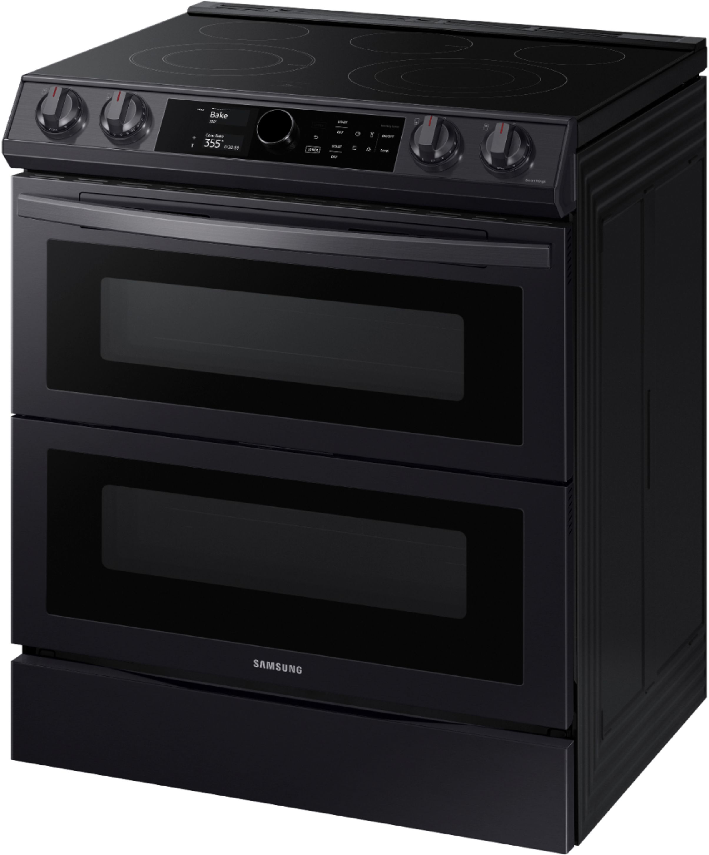Left View: Samsung - 6.3 cu. ft. Flex Duo Front Control Slide-in Electric Range with Smart Dial, Air Fry & Wi-Fi - Black stainless steel