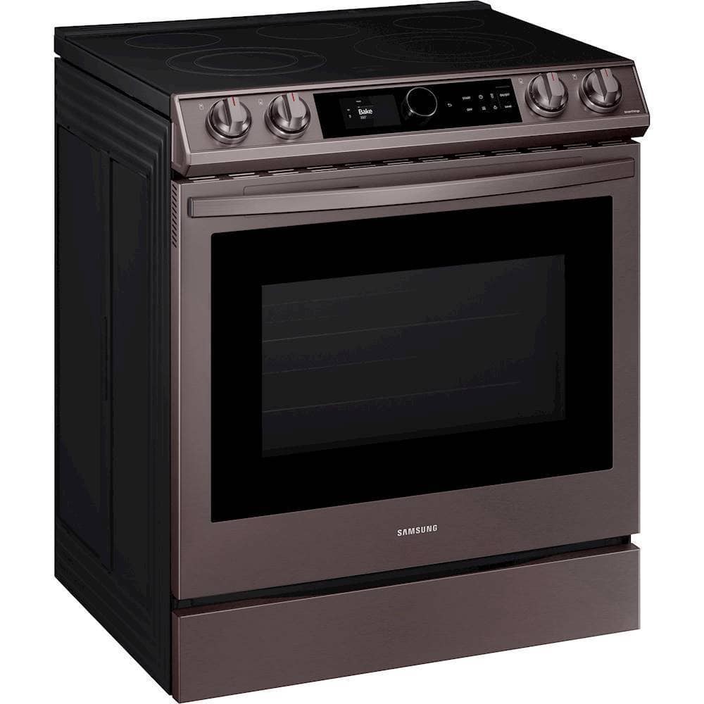 Angle View: Samsung - 6.3 cu. ft. Front Control Slide-in Electric Convection Range with Smart Dial, Air Fry & Wi-Fi, Fingerprint Resistant - Tuscan stainless steel