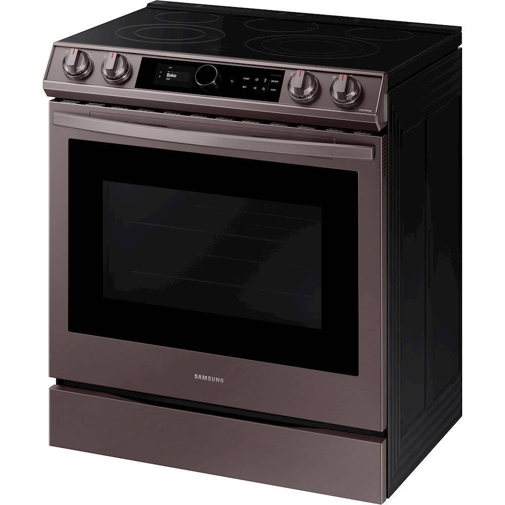 Left View: Samsung - 6.3 cu. ft. Front Control Slide-in Electric Convection Range with Smart Dial, Air Fry & Wi-Fi, Fingerprint Resistant - Tuscan stainless steel