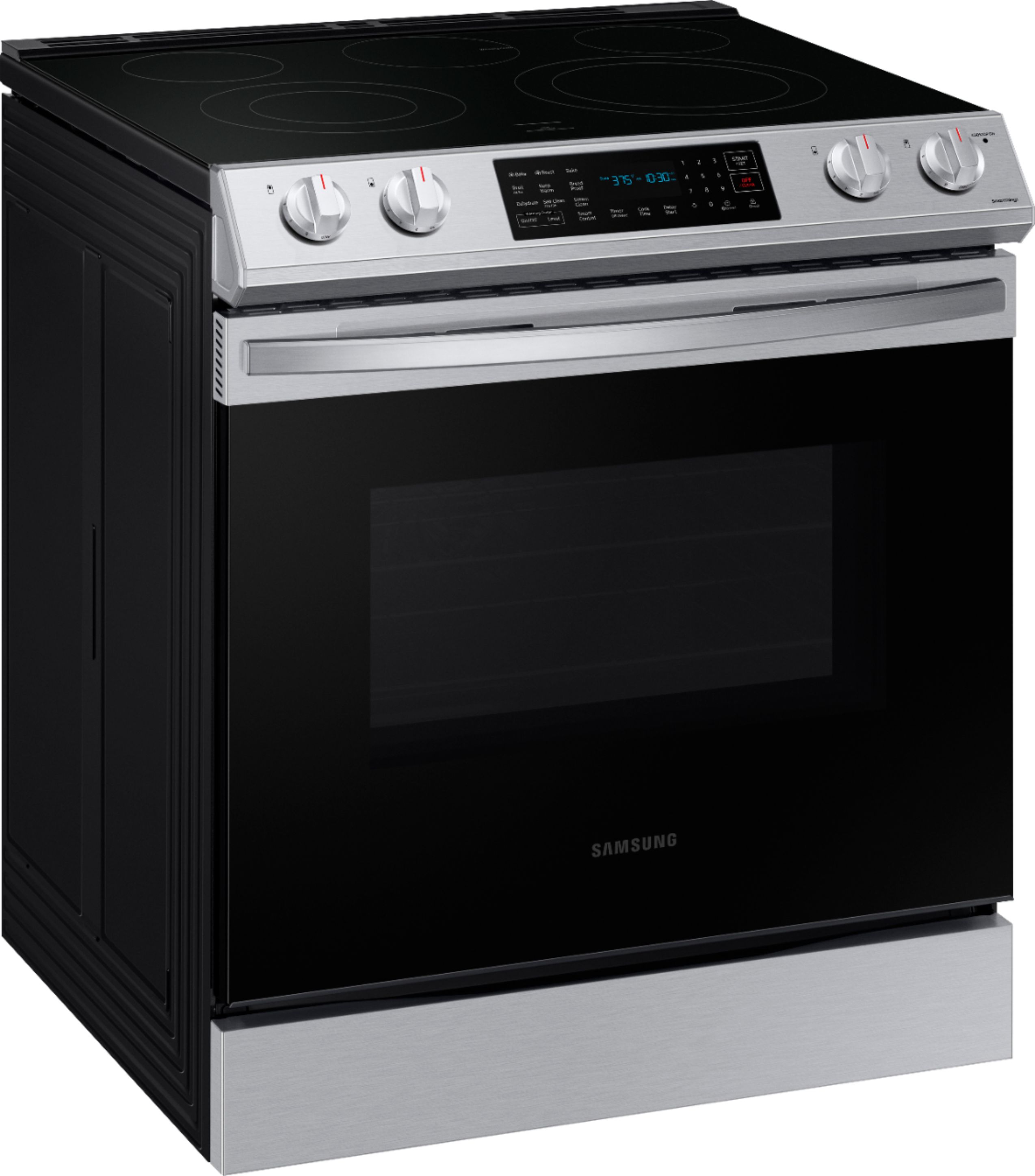 Angle View: Samsung - 6.3 cu. ft. Front Control Slide-in Electric Range with Convection & Wi-Fi, Fingerprint Resistant - Stainless steel