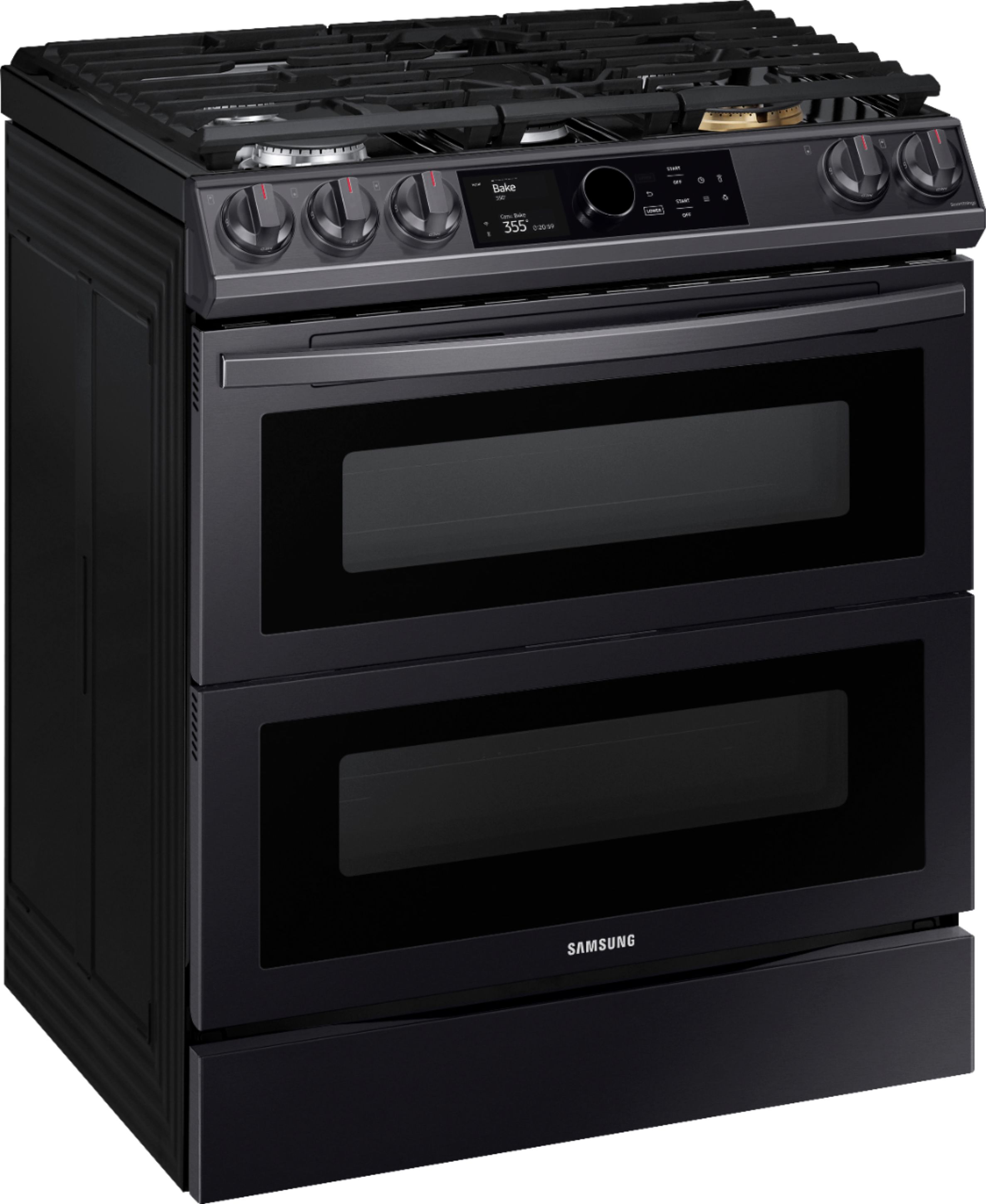 Angle View: GE Profile - 5.3 Cu. Ft. Freestanding Smart Gas True Convection Range with Hot Air Fry - Fingerprint Resistant Black Stainless