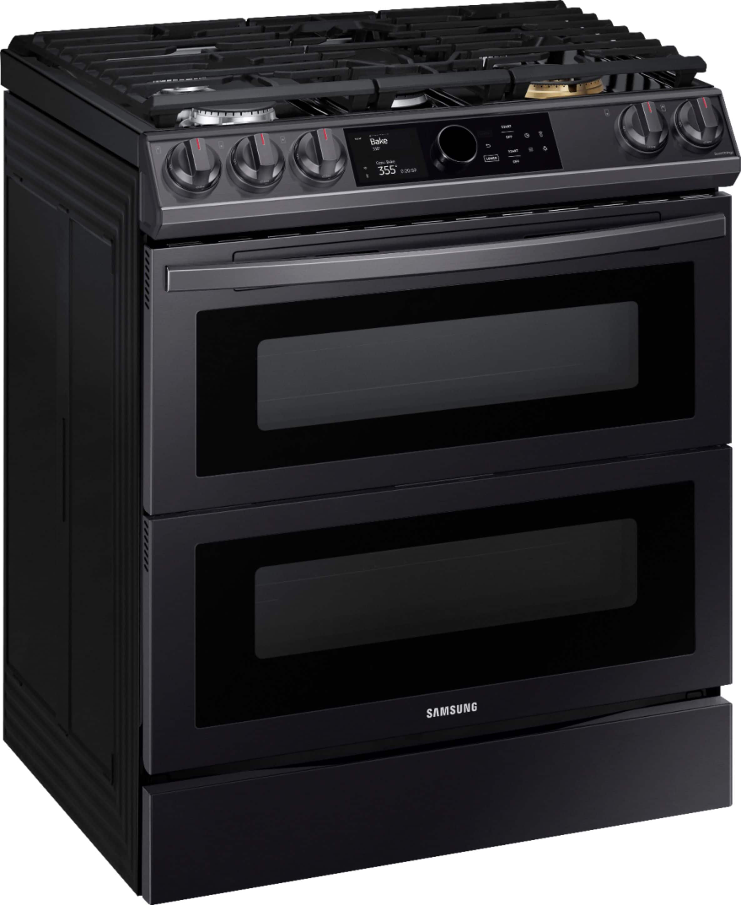 Angle. Samsung - 6.0 cu. ft. Flex Duo Front Control Slide-in Gas Convection Range with Smart Dial & Air Fry - Black Stainless Steel.