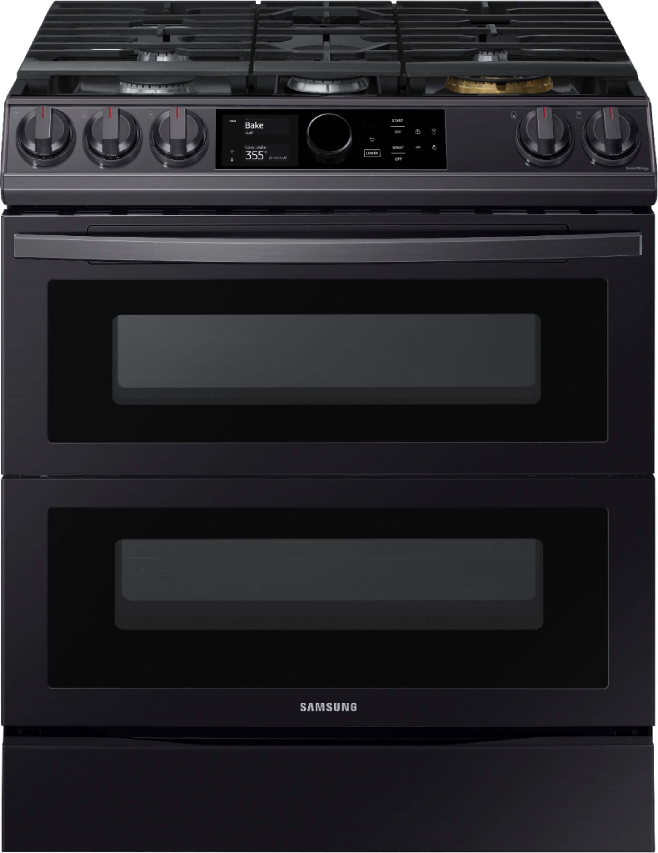 Front. Samsung - 6.0 cu. ft. Flex Duo Front Control Slide-in Gas Convection Range with Smart Dial & Air Fry - Black Stainless Steel.