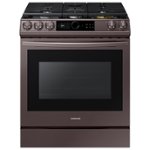 Front Zoom. Samsung - 6.0 Cu. Ft. Front Control Slide-in Gas Range with Smart Dial, Air Fry & Wi-Fi, Fingerprint Resistant - Tuscan Stainless Steel.