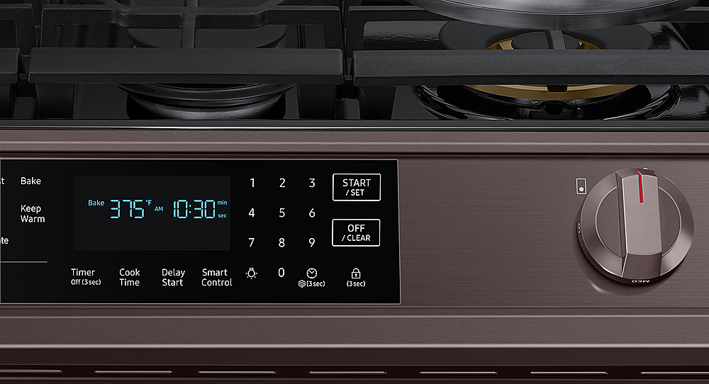 Samsung 30-in 5 Burners 6-cu ft Self-cleaning Air Fry Convection Oven  Slide-in Smart Natural Gas Range (Fingerprint Resistant Black Stainless  Steel) in the Single Oven Gas Ranges department at