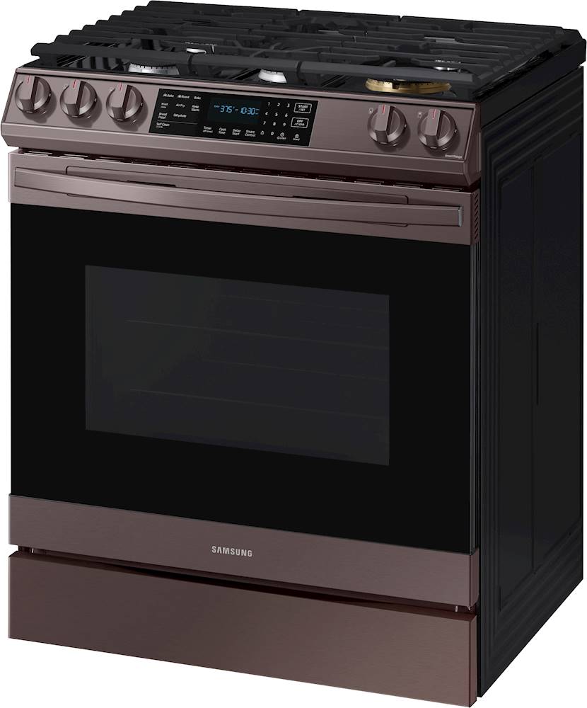 Left View: Samsung - 6.0 cu. ft. Front Control Slide-In Gas Convection Range with Air Fry & Wi-Fi, Fingerprint Resistant - Tuscan stainless steel