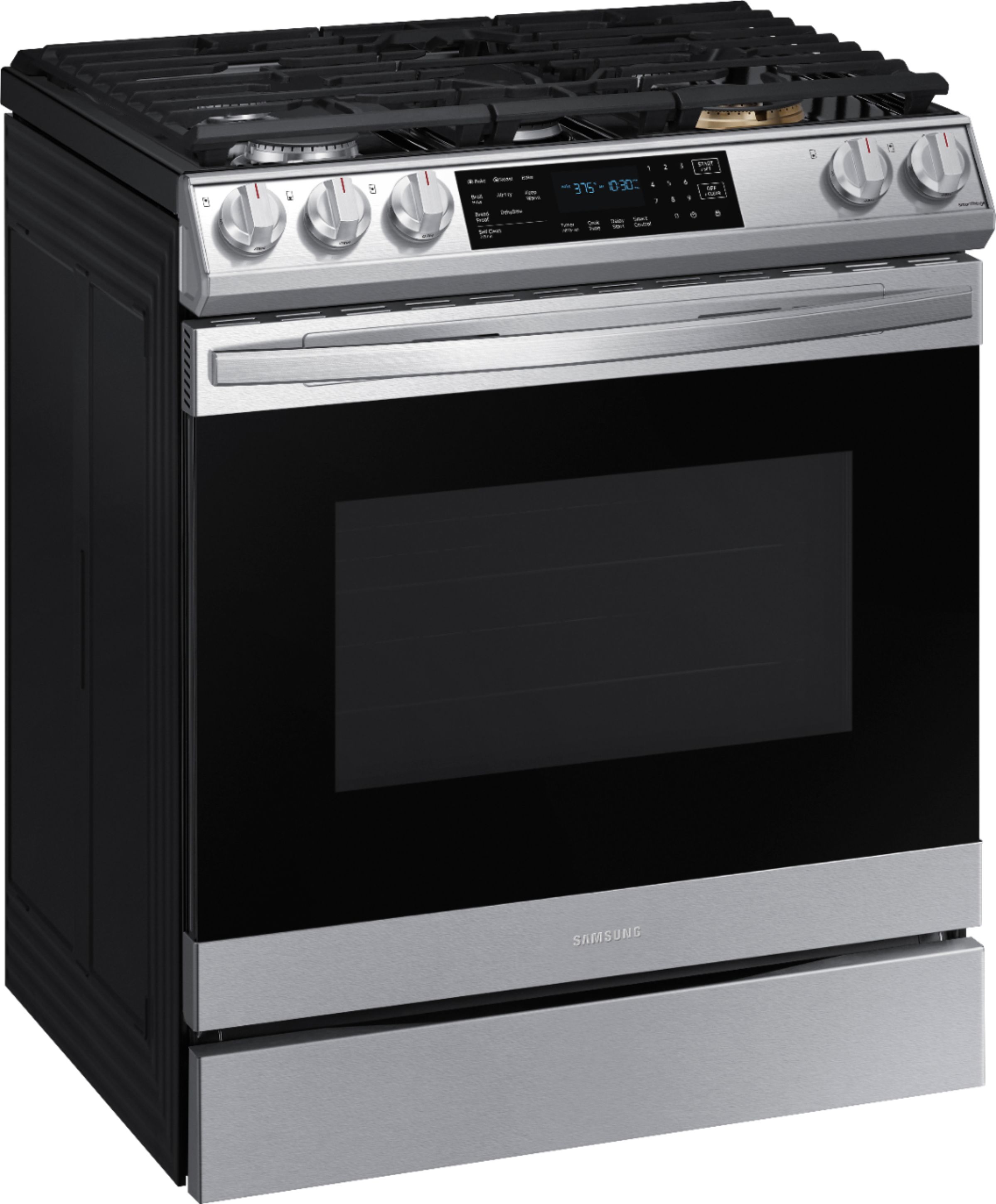 Angle View: Samsung - 6.0 cu. ft. Front Control Slide-In Gas Convection Range with Air Fry & Wi-Fi, Fingerprint Resistant - Stainless steel