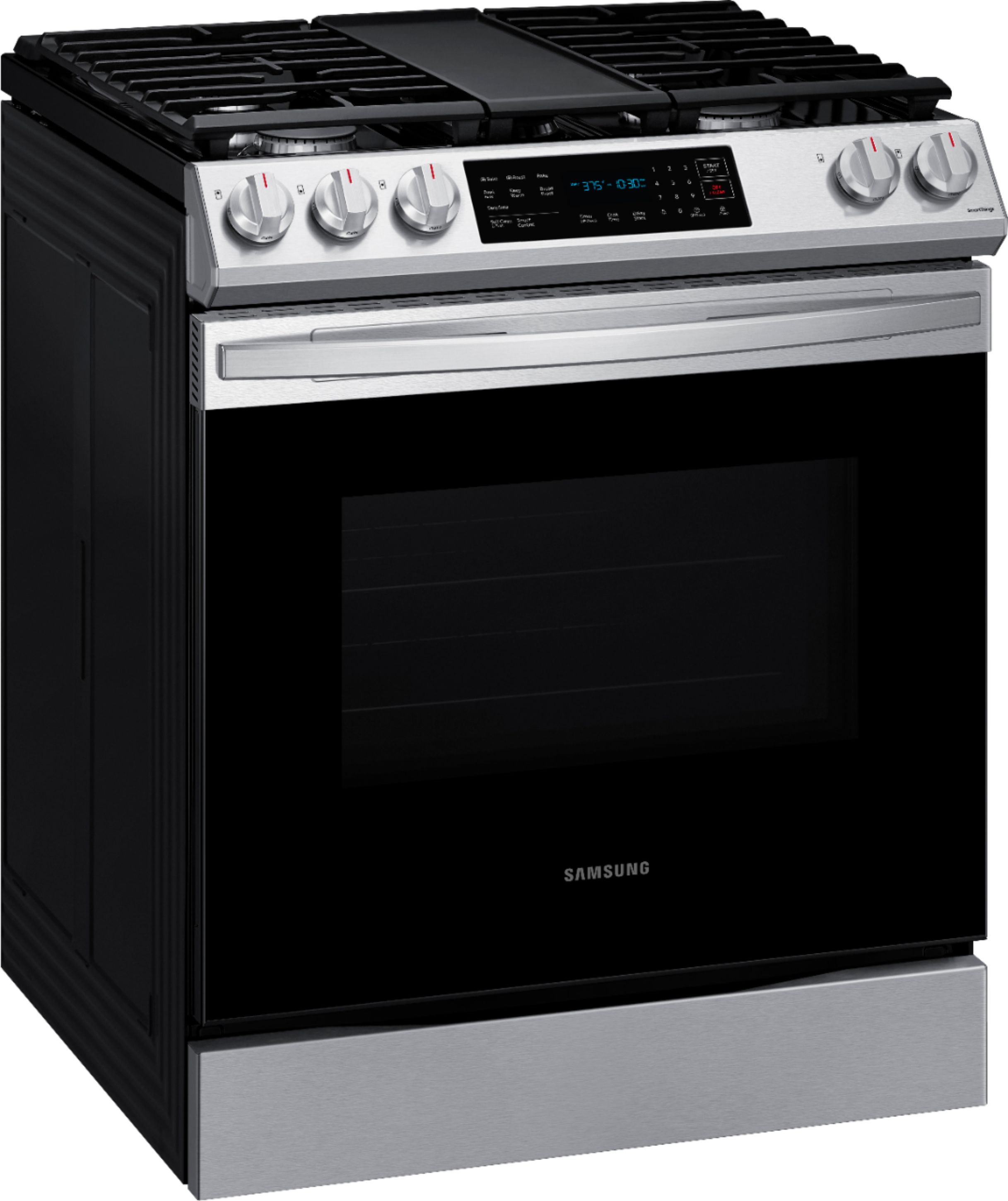 Angle View: Samsung - 6.0 cu. ft. Front Control Slide-In Gas Range with Convection & Wi-Fi, Fingerprint Resistant - Stainless steel