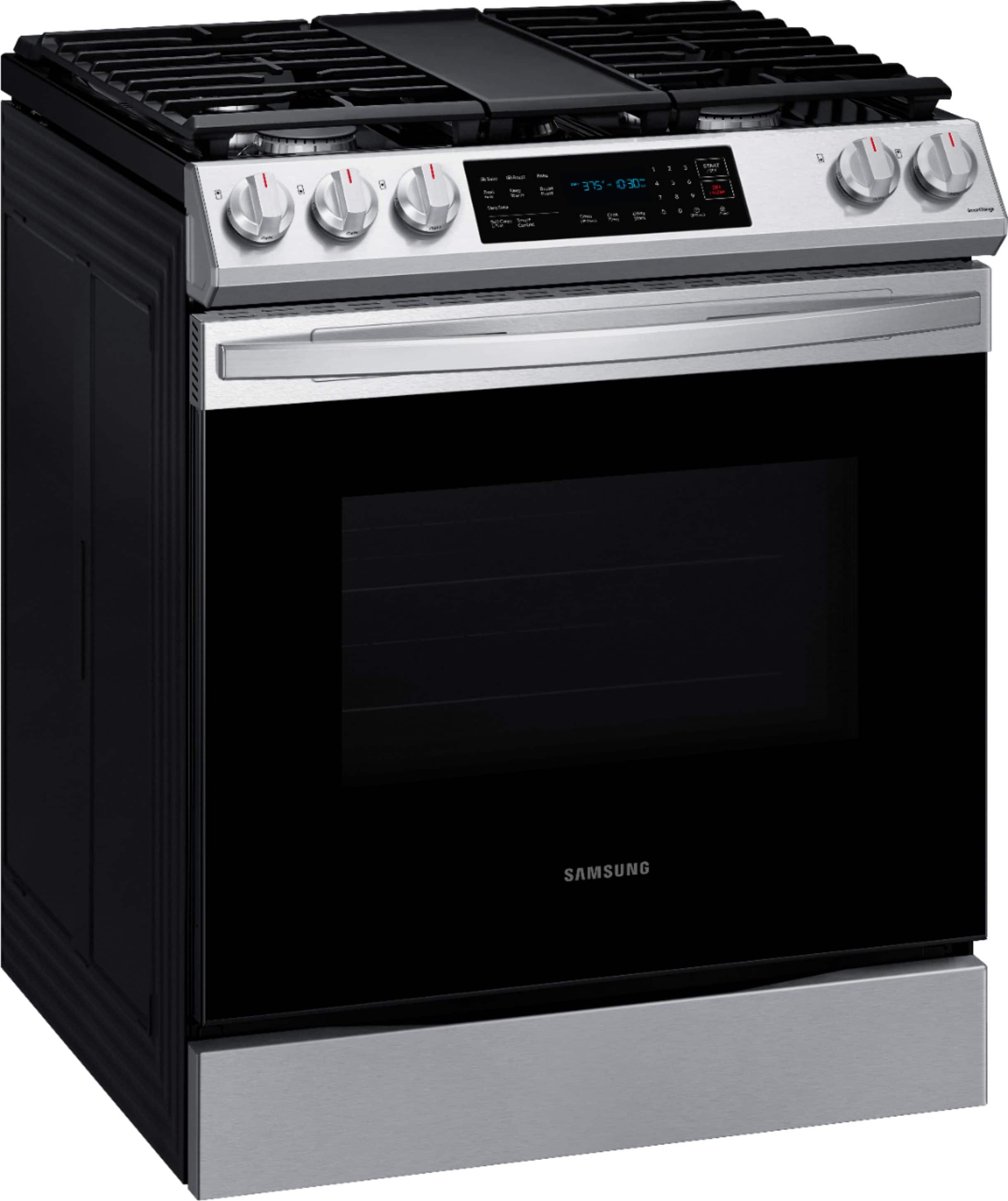 Angle. Samsung - 6.0 cu. ft. Front Control Slide-In Gas Range with Convection & Wi-Fi, Fingerprint Resistant - Stainless Steel.