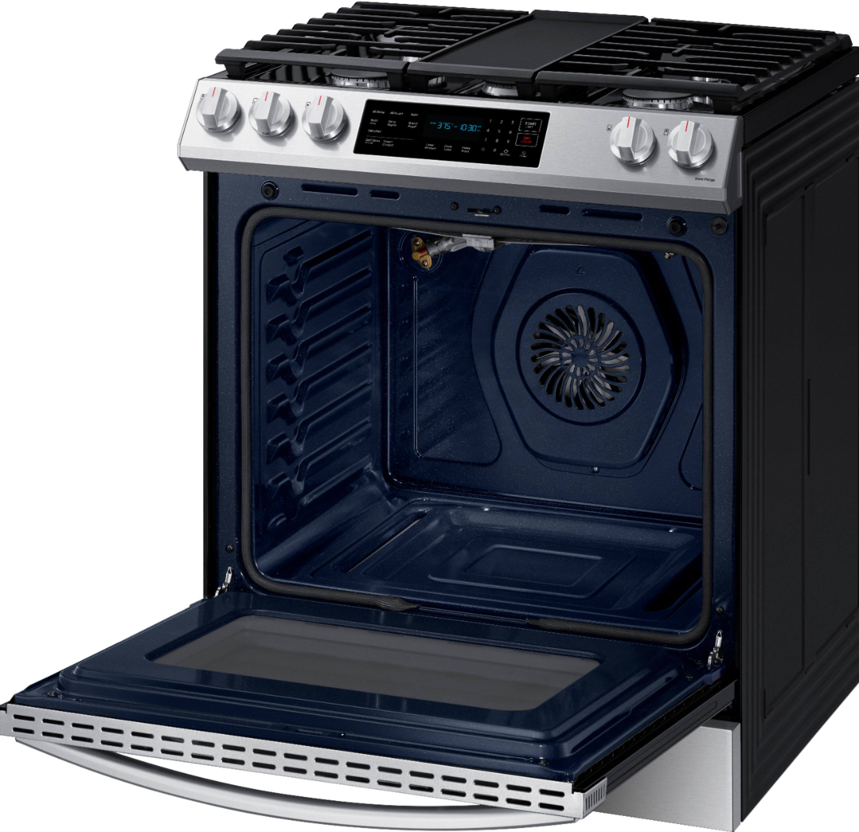 Alt View 1. Samsung - 6.0 cu. ft. Front Control Slide-In Gas Range with Convection & Wi-Fi, Fingerprint Resistant - Stainless Steel.