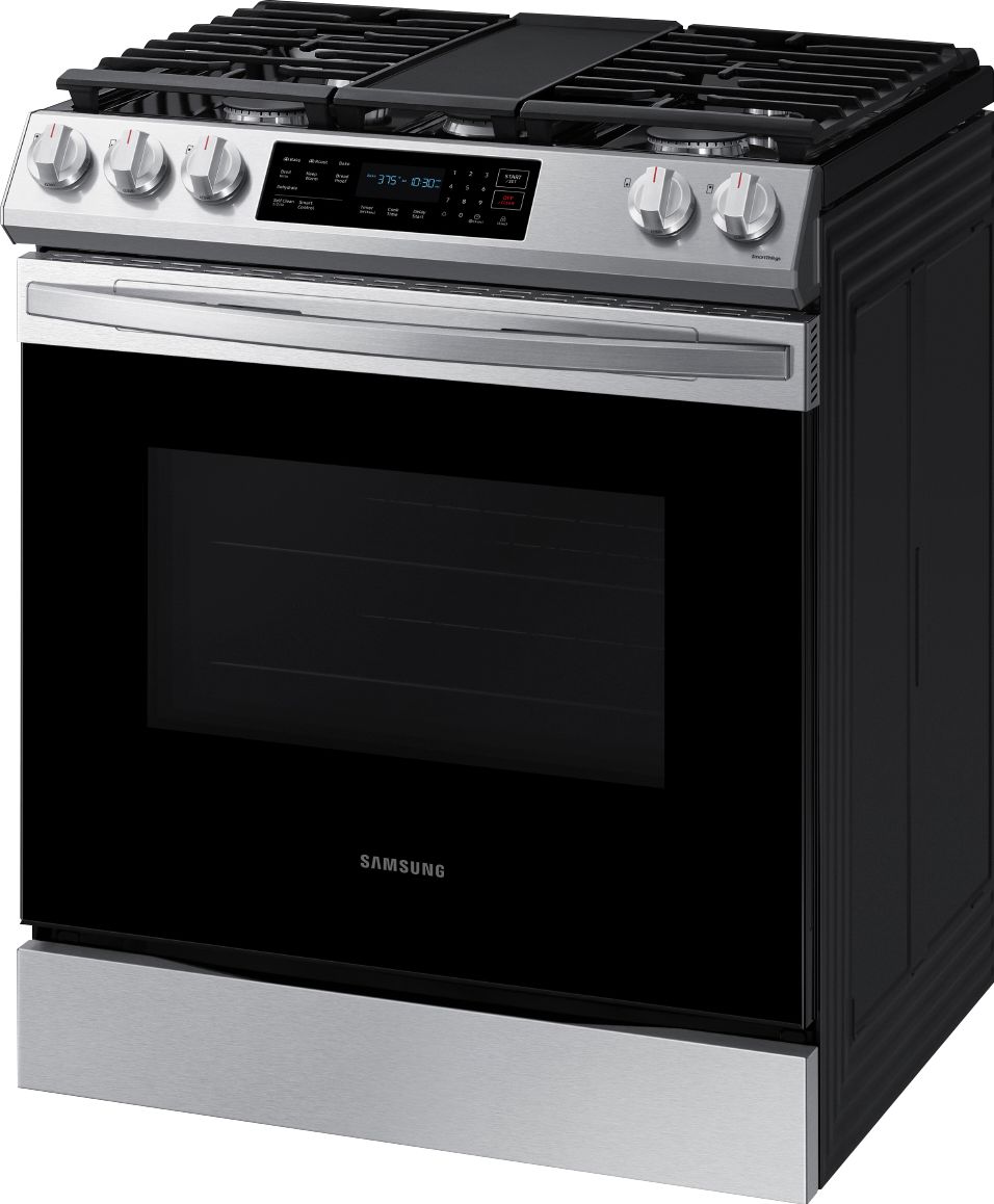 Left View: Samsung - 6.0 cu. ft. Front Control Slide-In Gas Range with Convection & Wi-Fi, Fingerprint Resistant - Stainless steel