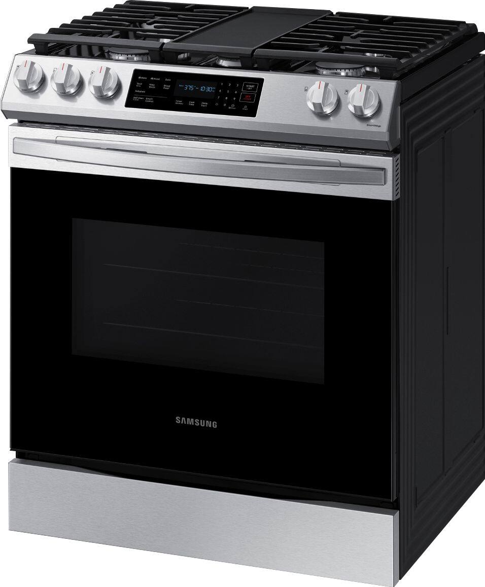 Left. Samsung - 6.0 cu. ft. Front Control Slide-In Gas Range with Convection & Wi-Fi, Fingerprint Resistant - Stainless Steel.