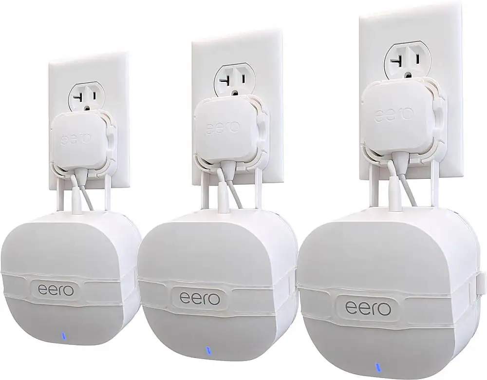 Front. Mount Genie - The Easy Outlet Mount for NEW Amazon eero 6 and Amazon eero Mesh Wi-Fi (2nd Gen 2019) (3-Pack) - White.