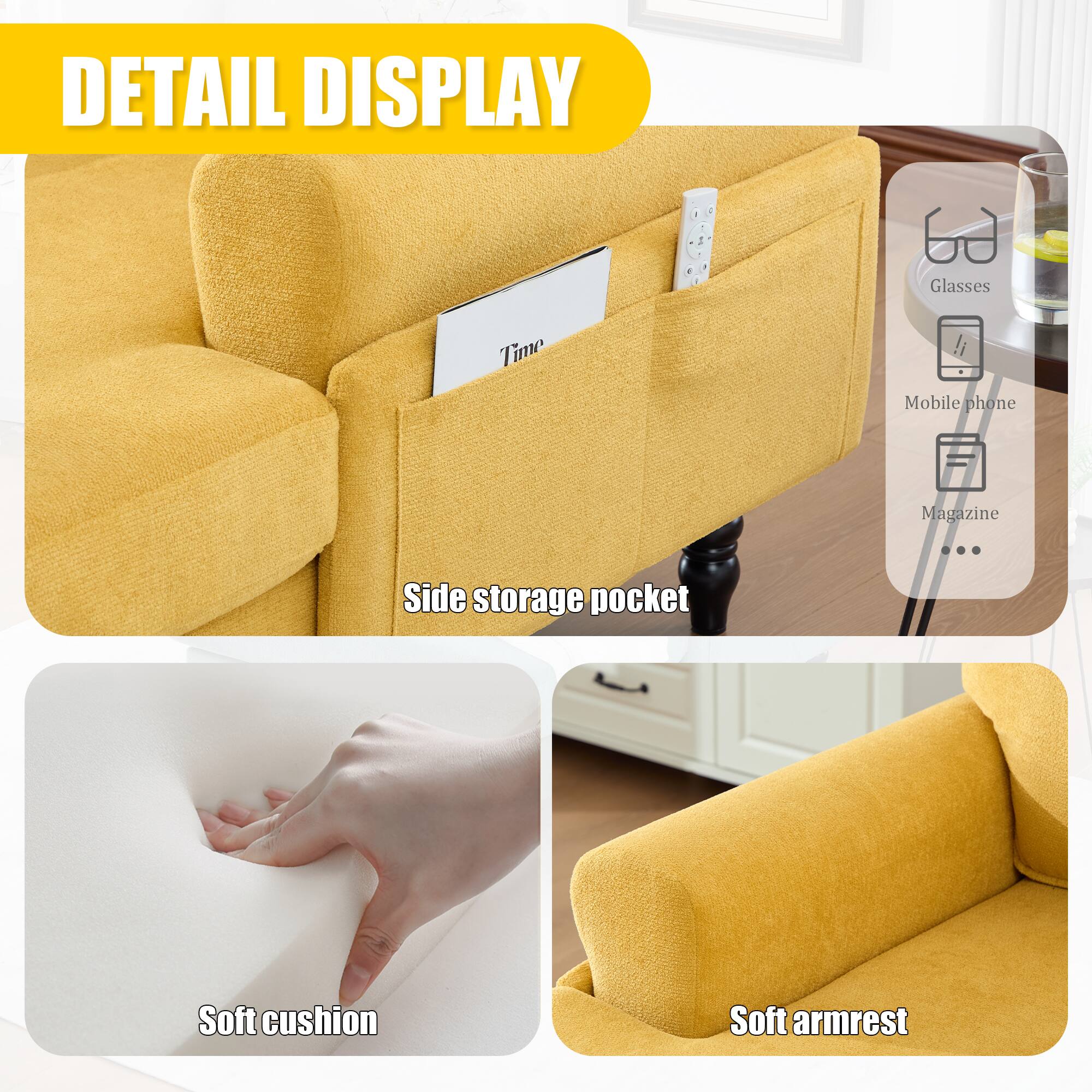 DETAIL DISPLAY

- Side storage pocket
- Soft cushion
- Soft armrest

- Glasses
- Mobile phone
- Magazine