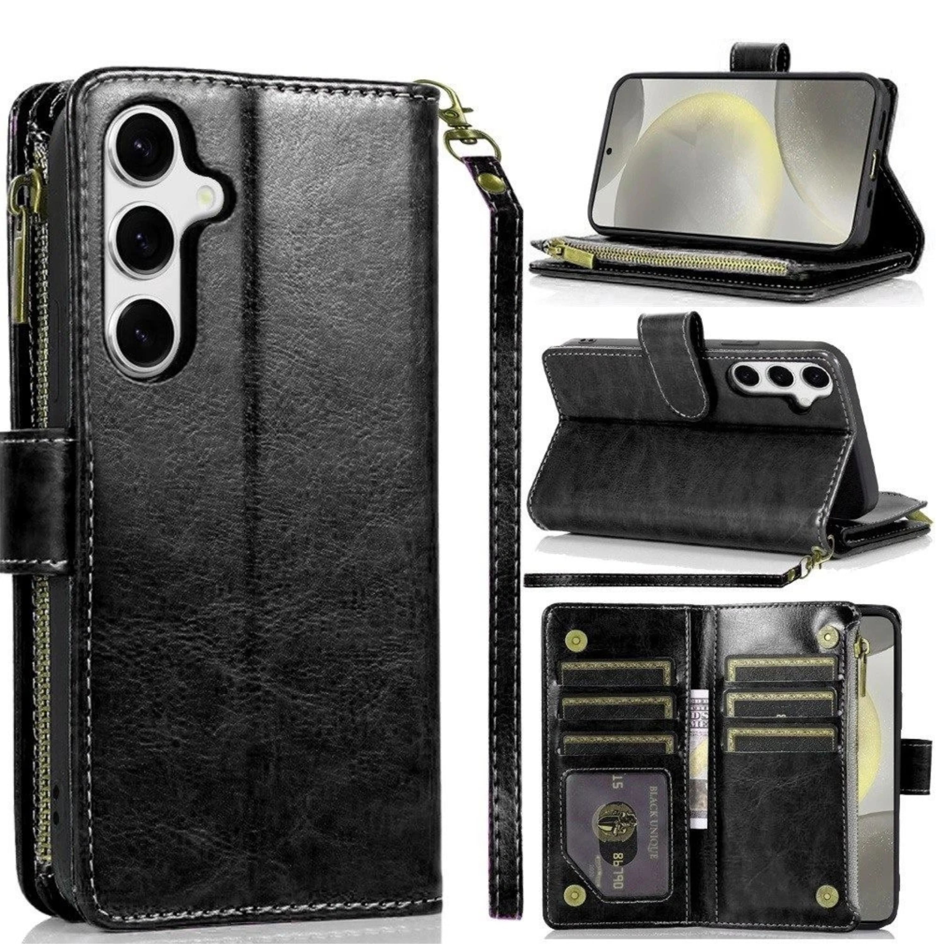 Kitcheniva - Luxury Wallet Card Holder With Zipper And Tempered Glass For Samsung S25 Plus S24 Plus - Black