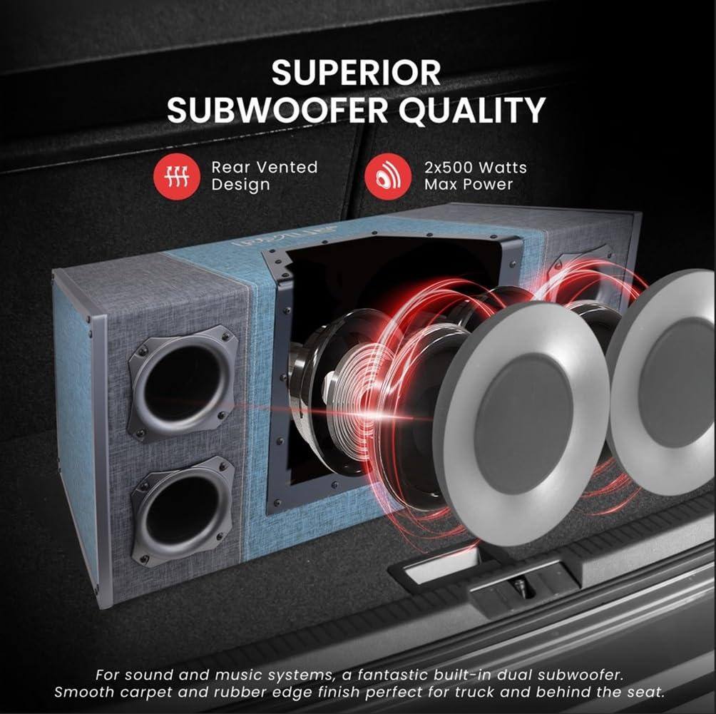 SUPERIOR SUBWOOFER QUALITY

- Rear Vented Design
- 2x500 Watts Max Power

For sound and music systems, a fantastic built-in dual subwoofer. Smooth carpet and rubber edge finish perfect for truck and behind the seat.
