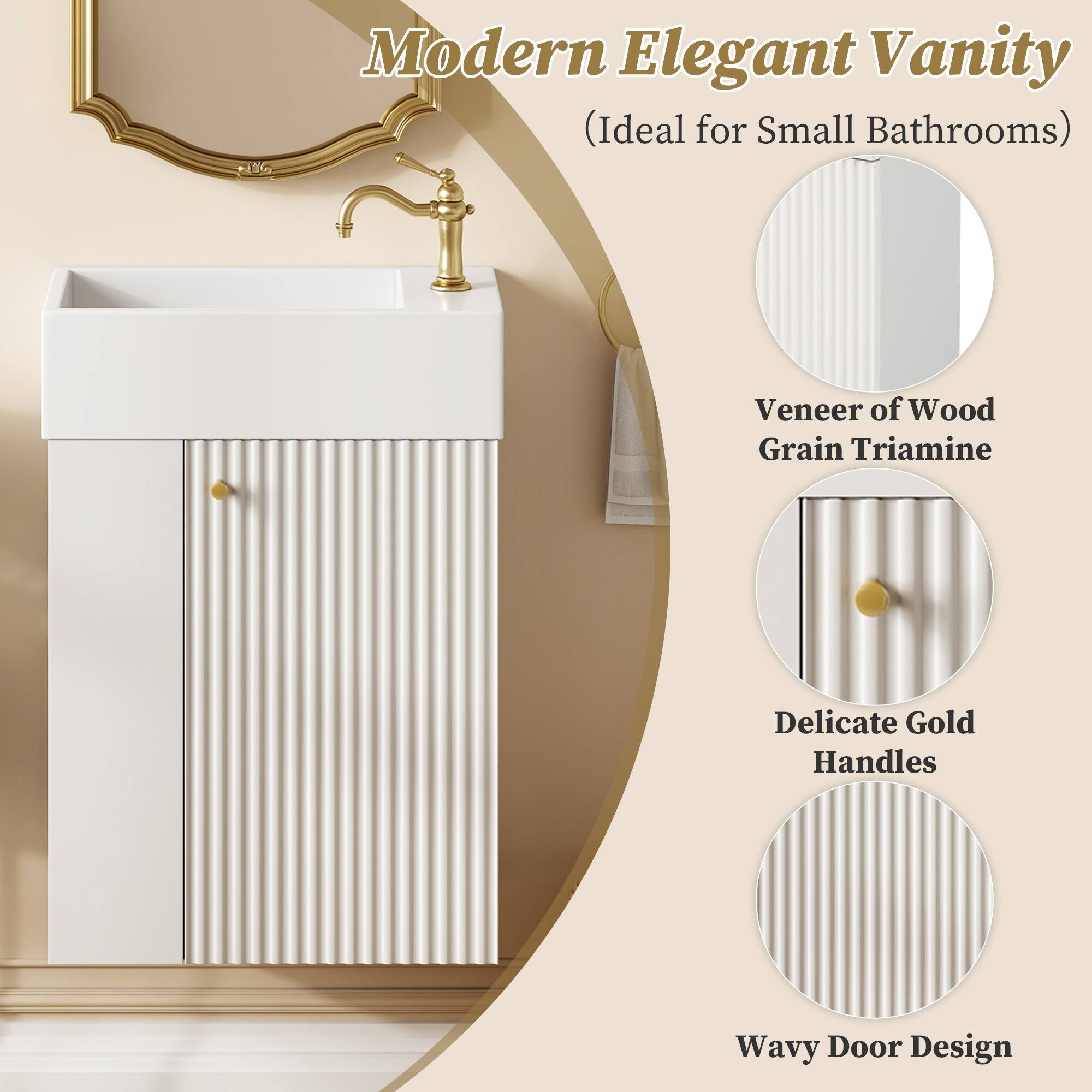 Modern Elegant Vanity  
(Ideal for Small Bathrooms)  

- Veneer of Wood Grain Triamine  
- Delicate Gold Handles  
- Wavy Door Design