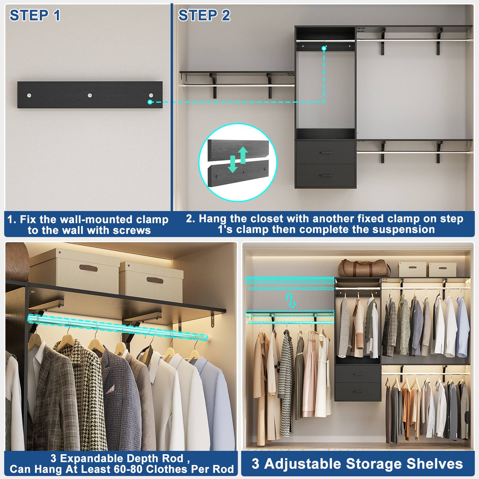 Aheaplus 20'' 96'' Wall Mounted Closet Organizer System with 3 Shelf ...