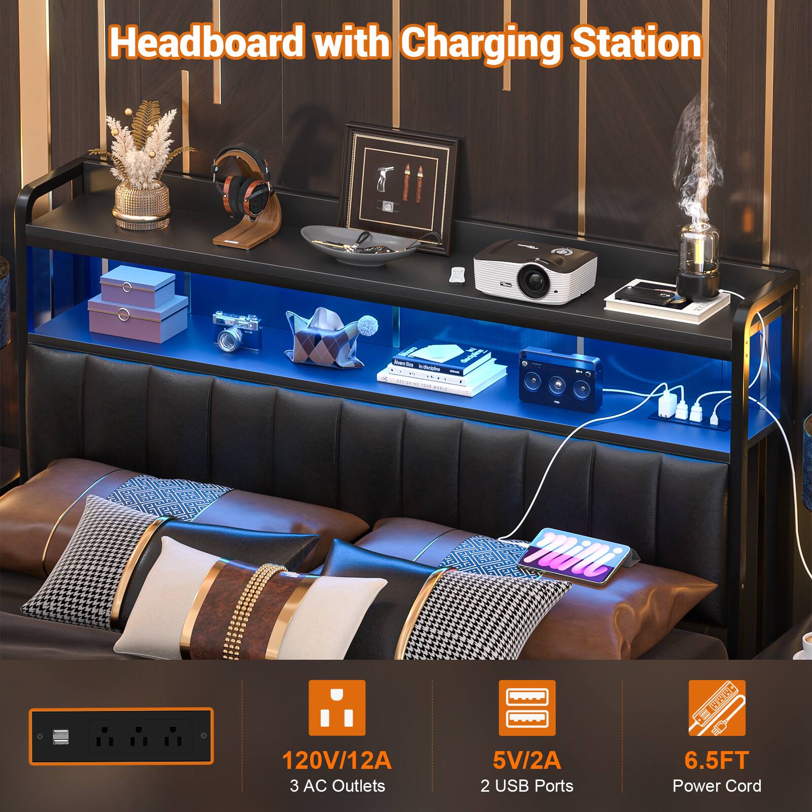 Headboard with Charging Station

- 120V/12A
- 3 AC Outlets
- 5V/2A
- 2 USB Ports
- 6.5FT Power Cord