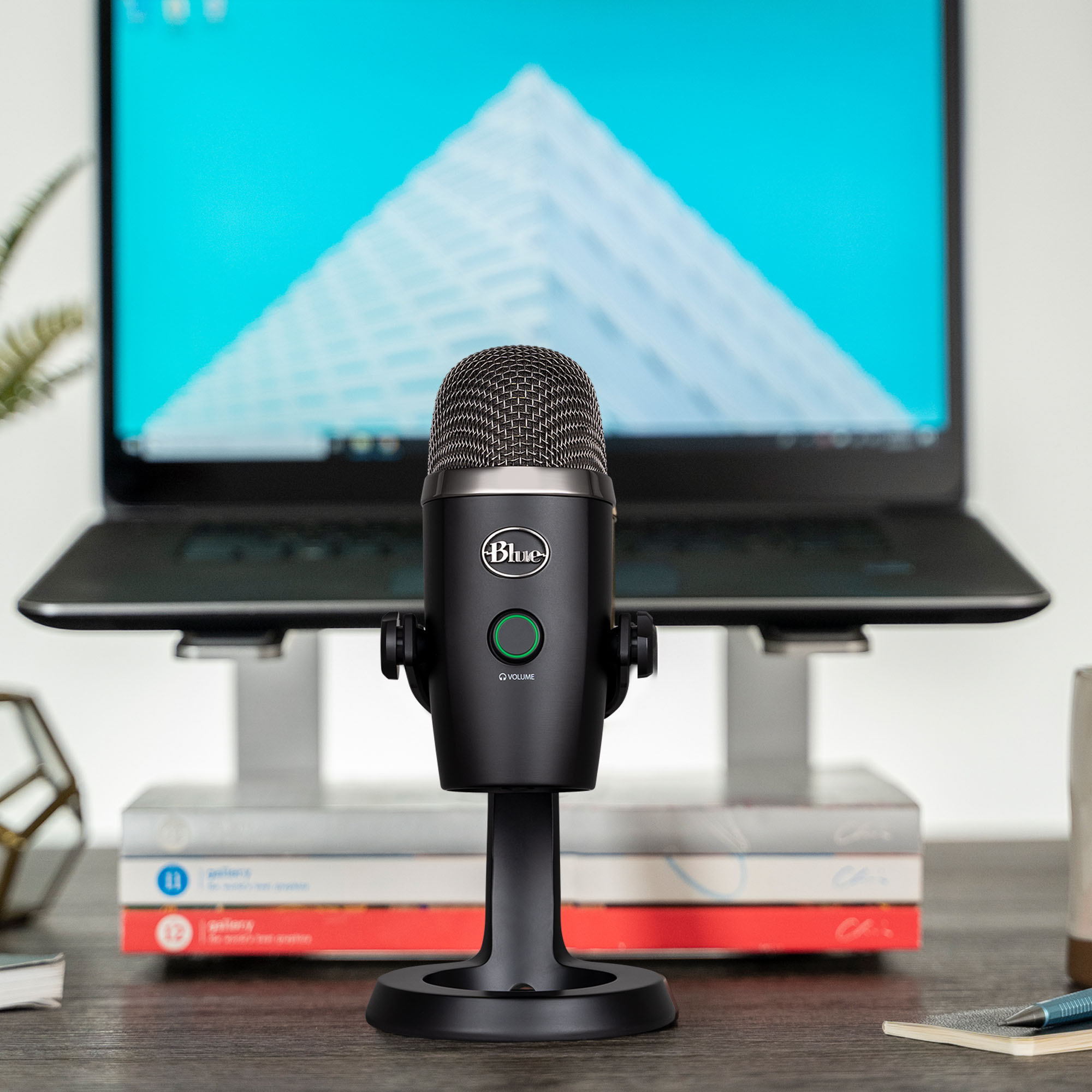 Angle View: Blue Yeti X Professional USB Condenser Microphone for PC, Mac, Gaming, Recording, Streaming, Podcasting on PC, Desktop Mic with High-Res Metering, LED Lighting, Blue VO!CE Effects - Black