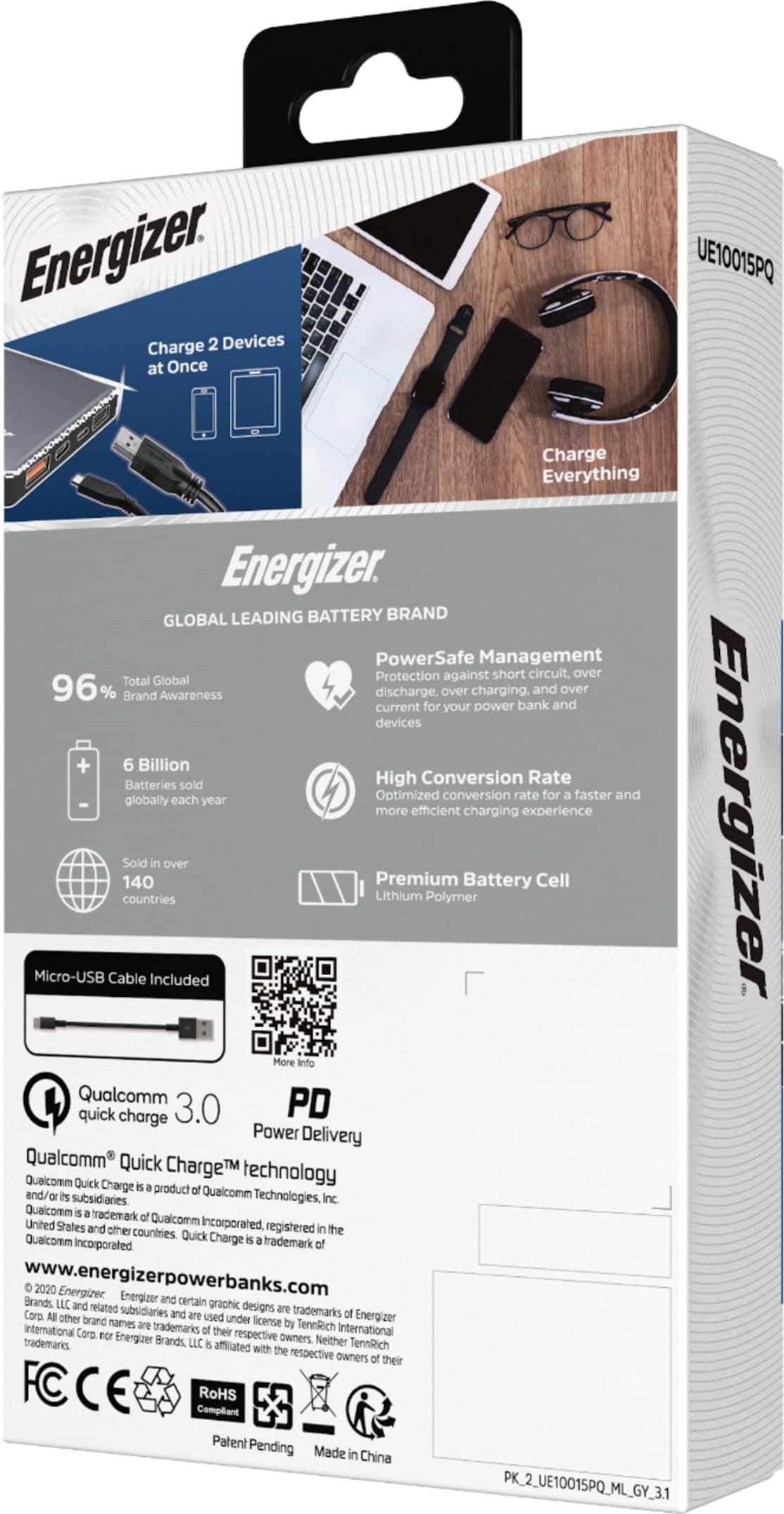 Alt View 12. Energizer - Ultimate Lithium 10,000mAh 18W Fast Charge Portable Charger/Power Bank QC 3.0 & PD 3.0 for Apple, Android & USB Devices - Gray.